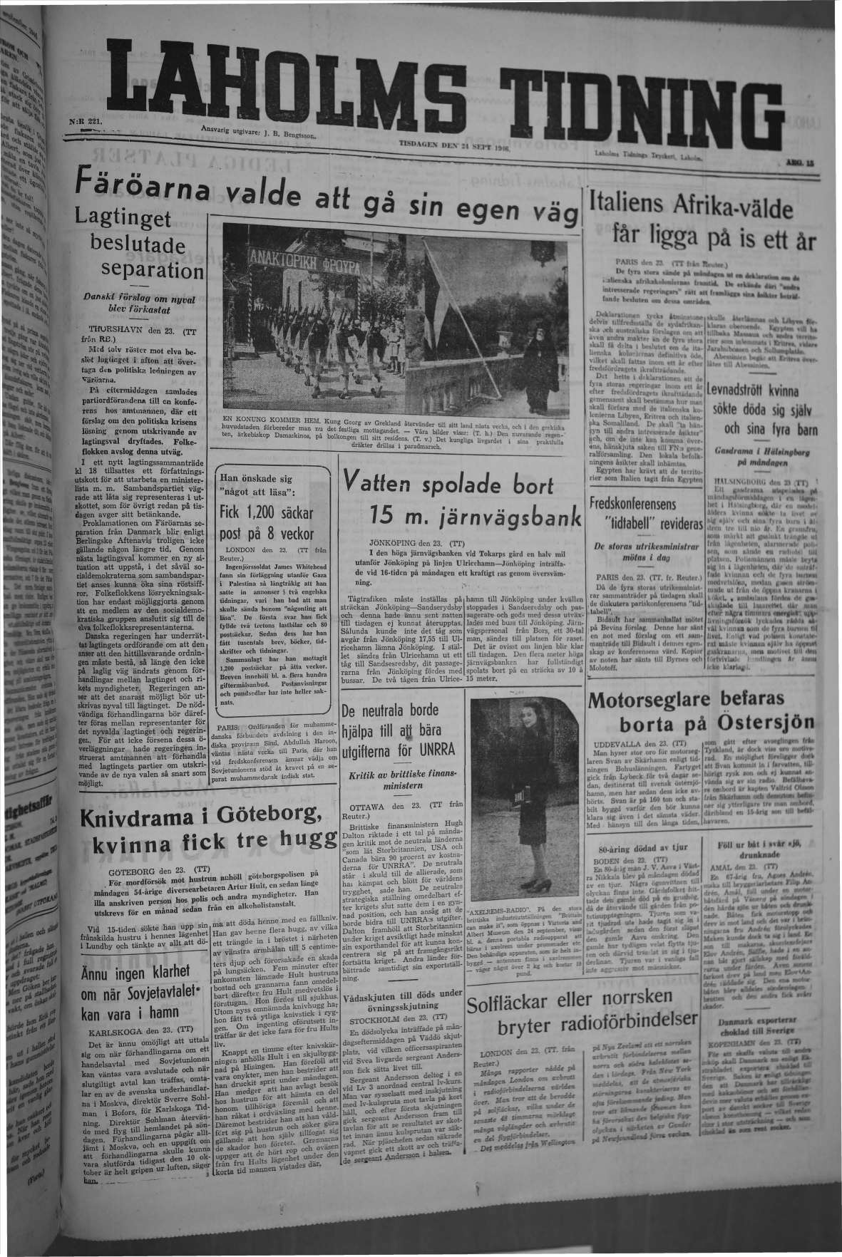 Laholms Tidning Tisdag 24 september 1946, sida 1