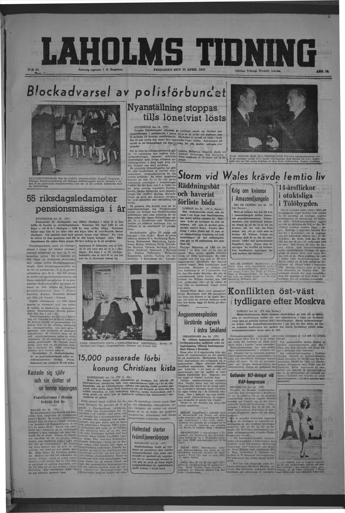 Laholms Tidning Fredag 25 april 1947, sida 1