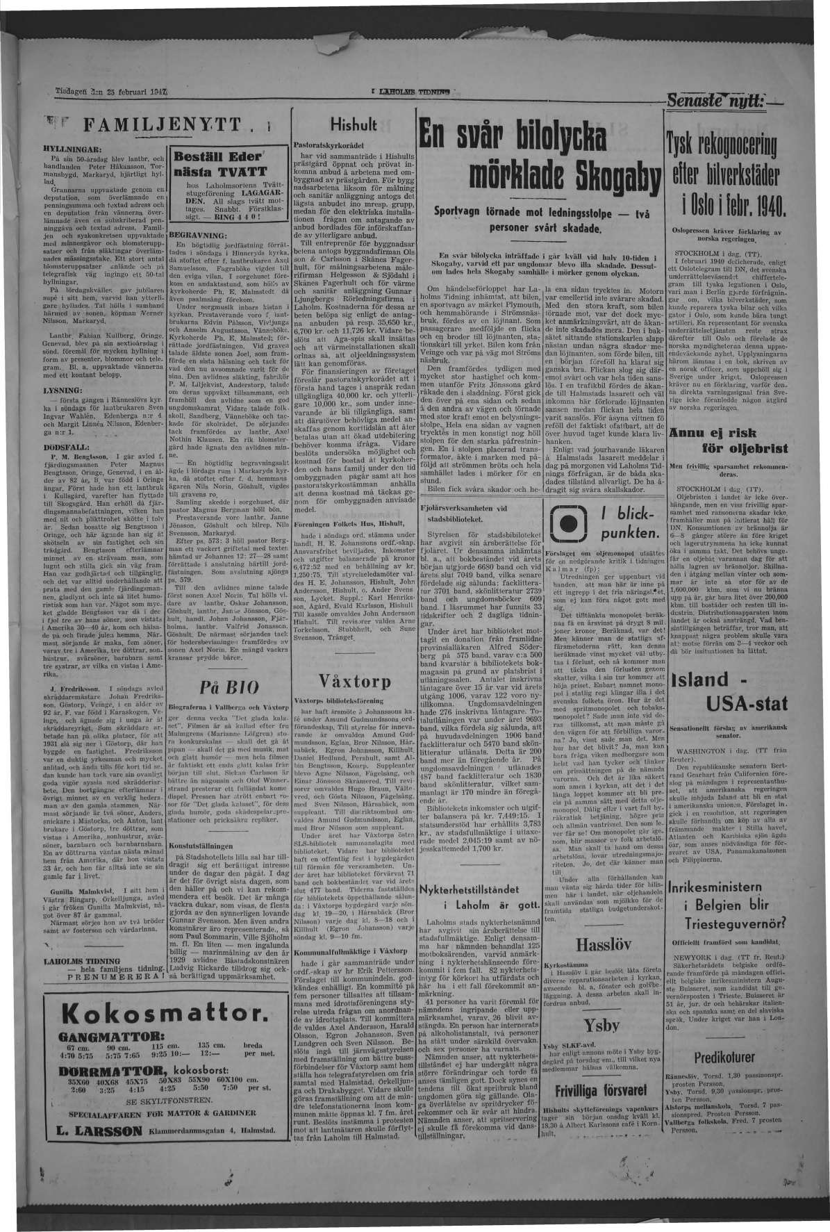Laholms Tidning Tisdag 25 februari 1947, sida 3