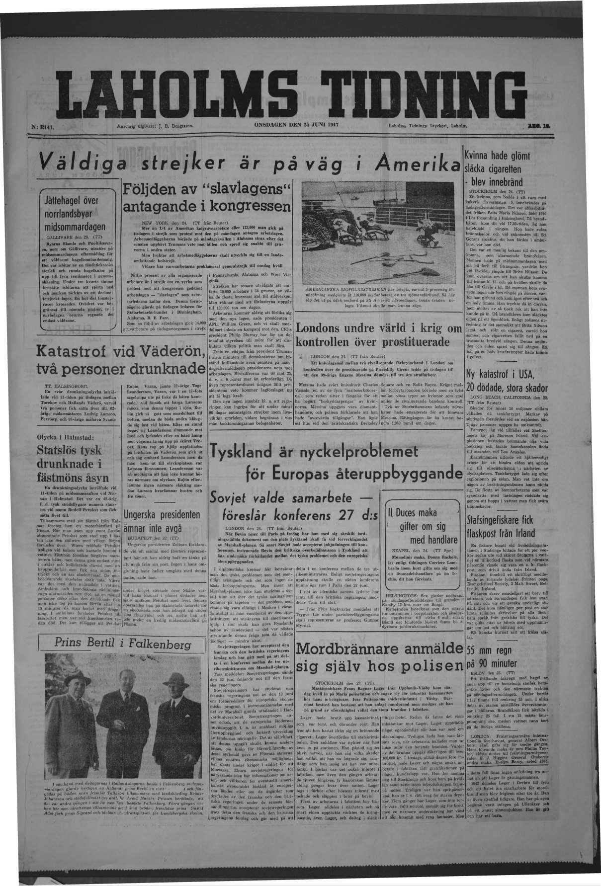 Laholms Tidning Onsdag 25 juni 1947, sida 1