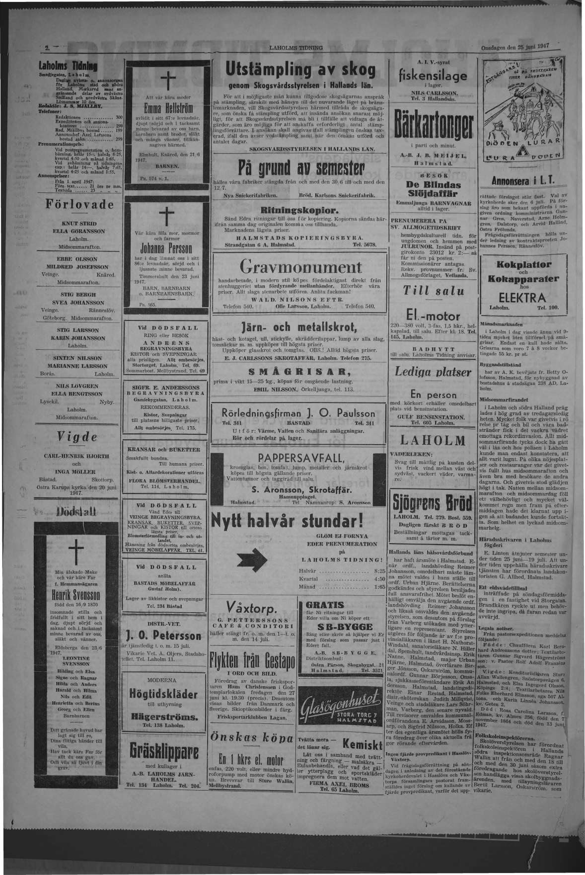 Laholms Tidning Onsdag 25 juni 1947, sida 2