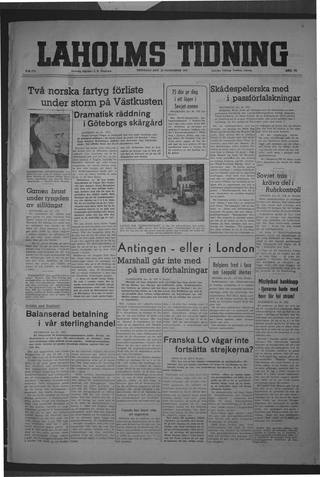 Förstasidan, Tisdag 25 november 1947