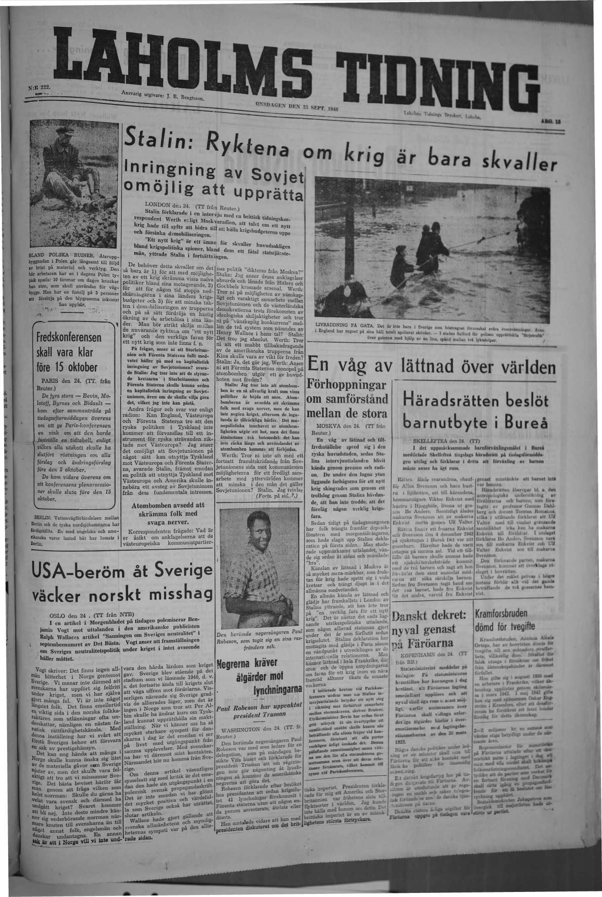 Laholms Tidning Onsdag 25 september 1946, sida 1