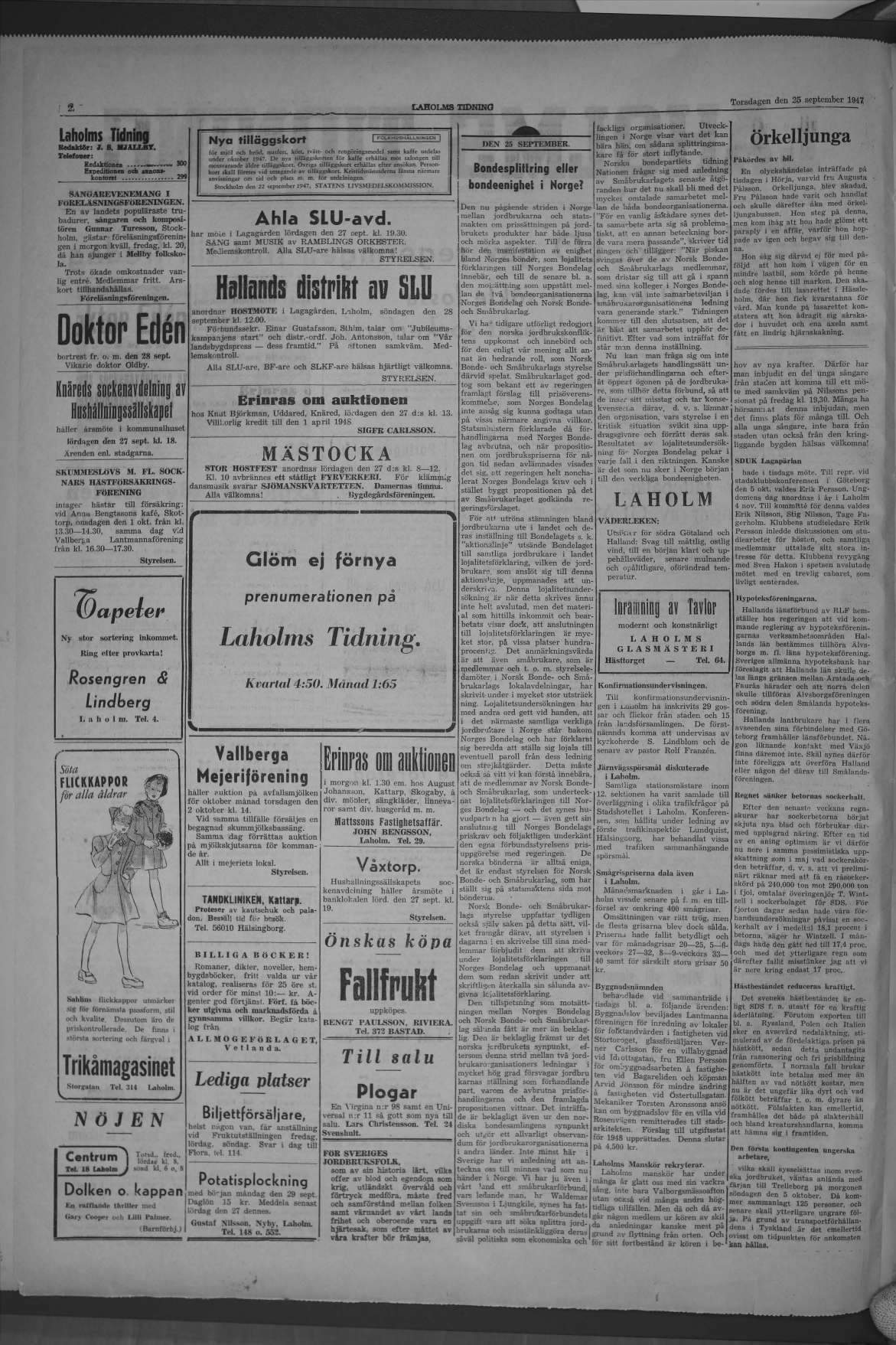 Laholms Tidning Torsdag 25 september 1947, sida 2