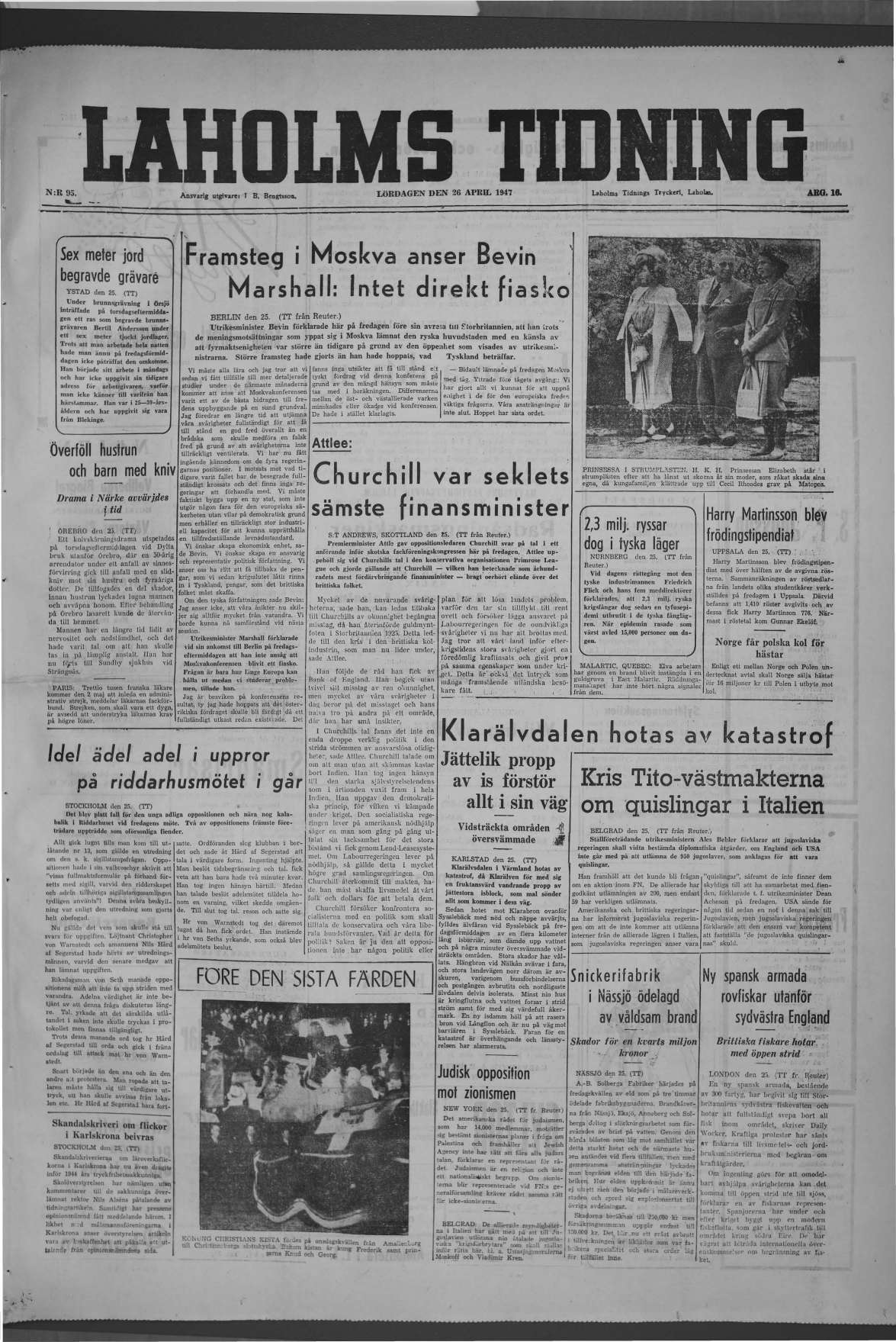 Laholms Tidning Lördag 26 april 1947, sida 1