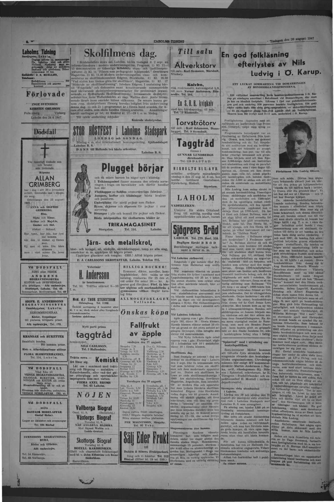 Laholms Tidning Tisdag 26 augusti 1947, sida 2