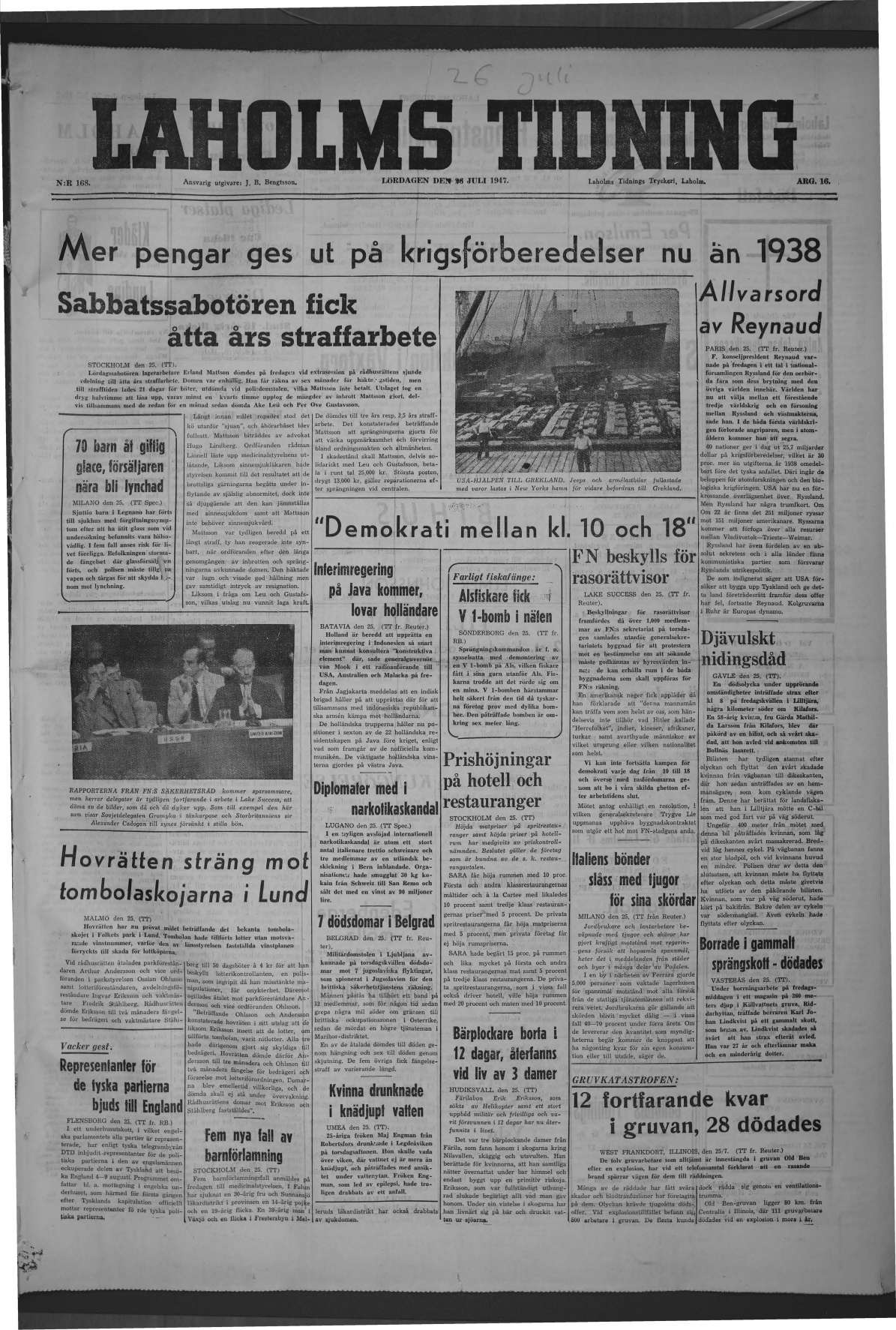 Laholms Tidning Lördag 26 juli 1947, sida 1