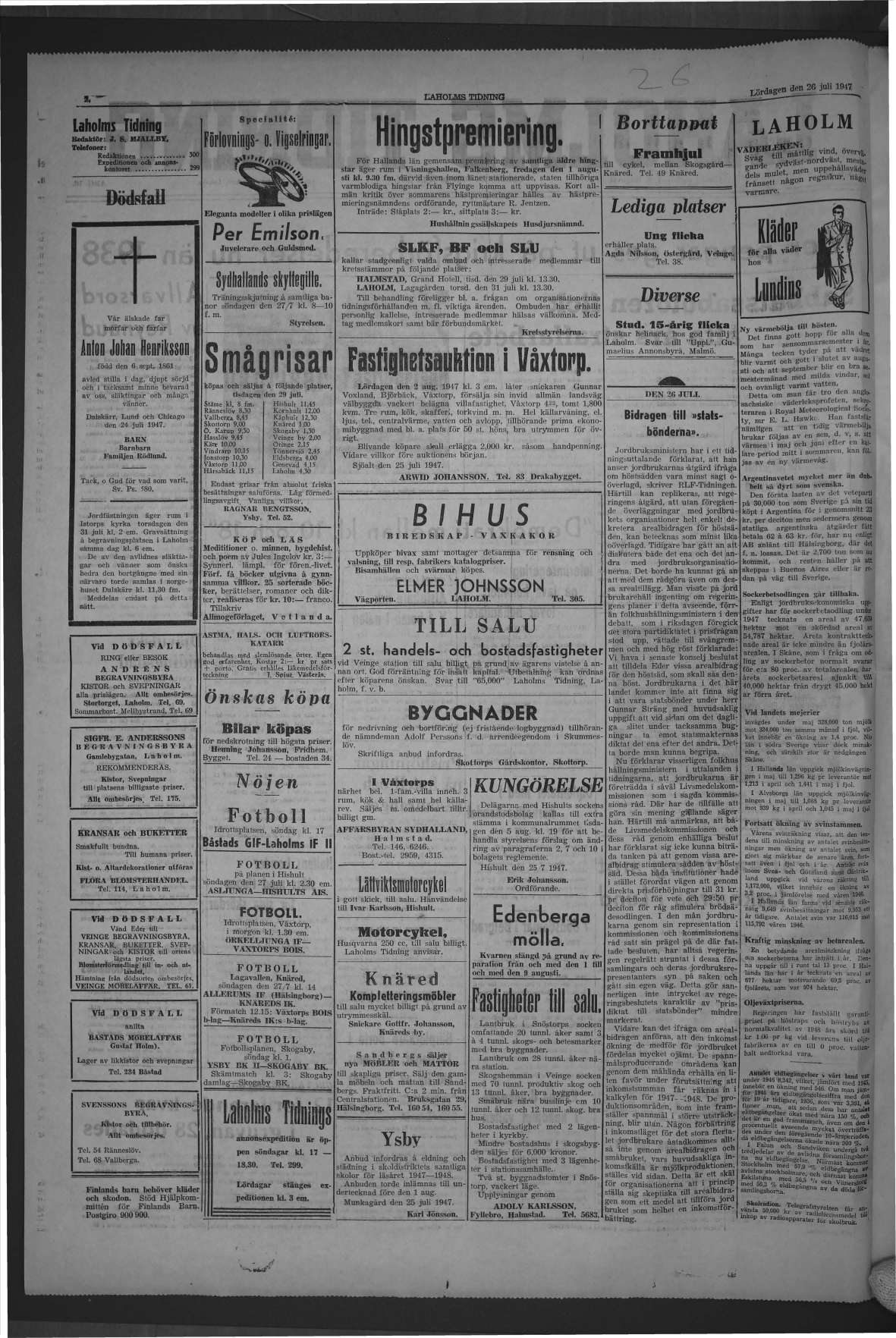 Laholms Tidning Lördag 26 juli 1947, sida 2