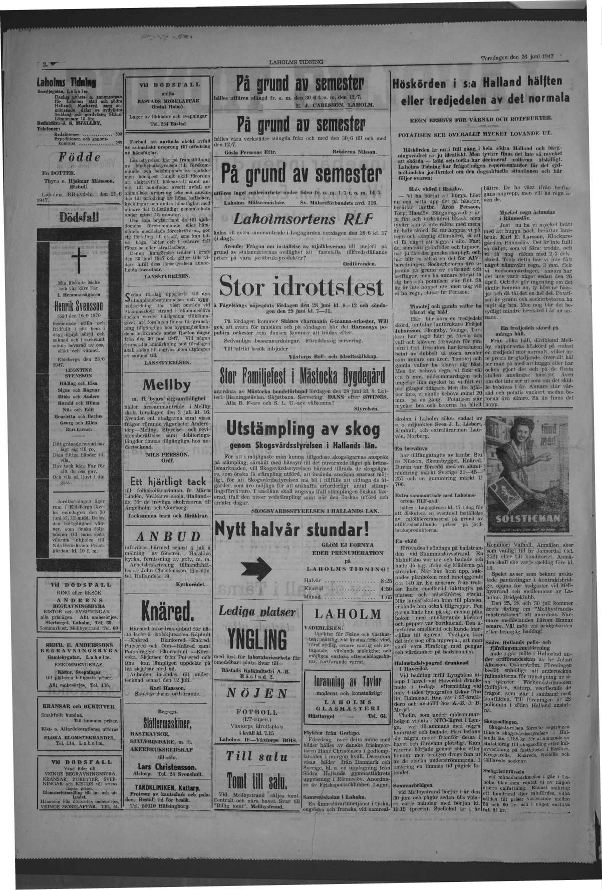 Laholms Tidning Torsdag 26 juni 1947, sida 2
