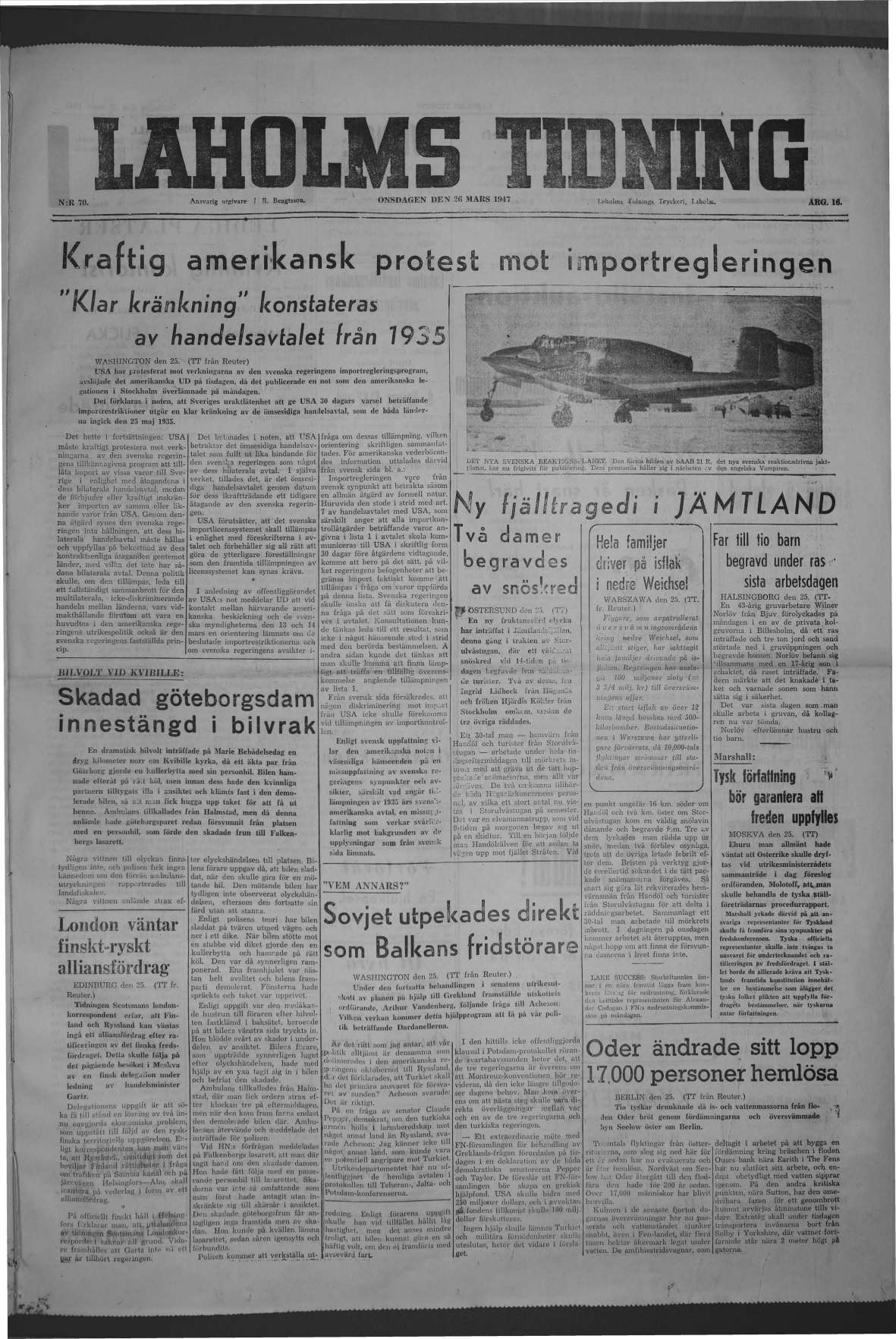 Laholms Tidning Onsdag 26 mars 1947, sida 1