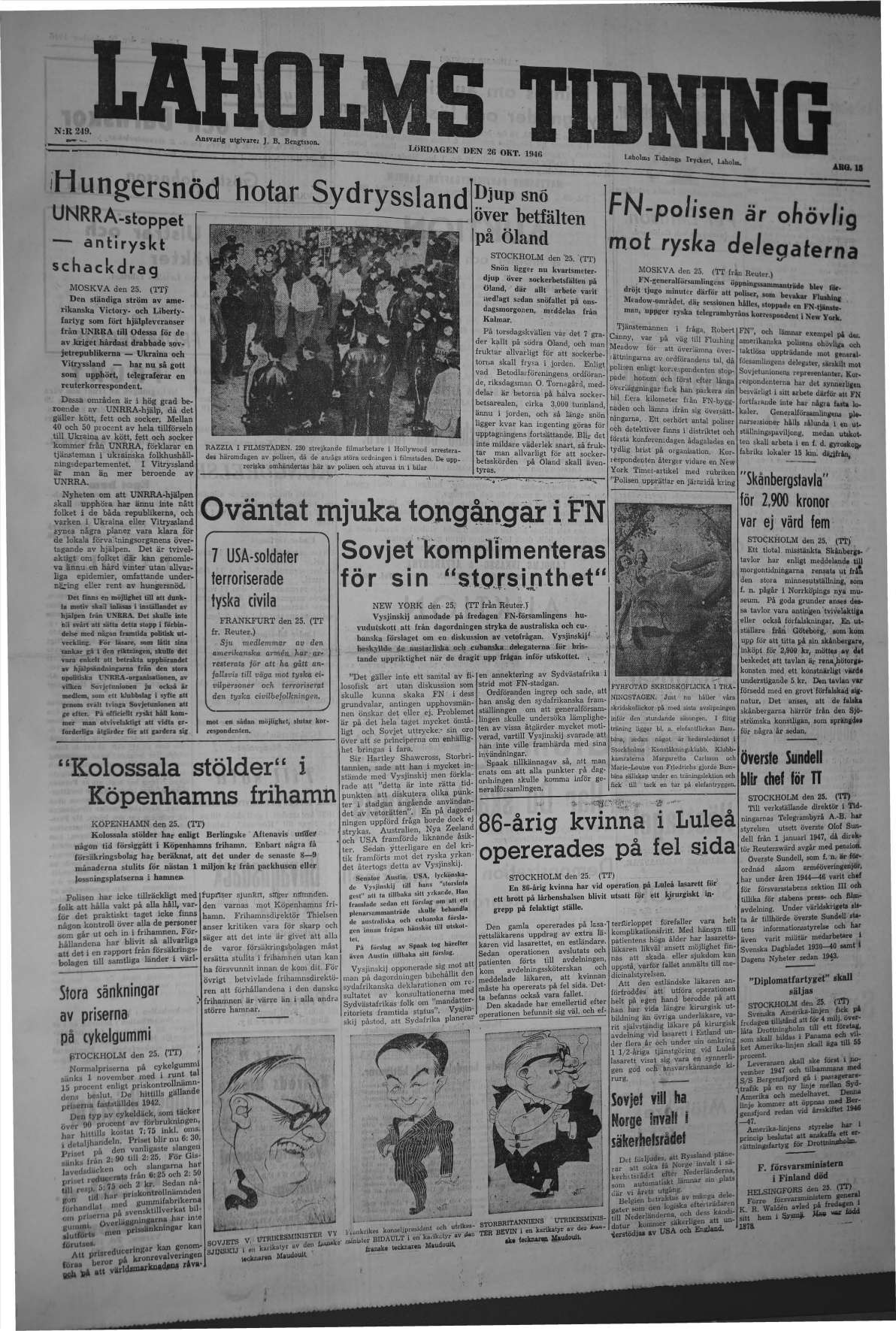 Laholms Tidning Lördag 26 oktober 1946, sida 1