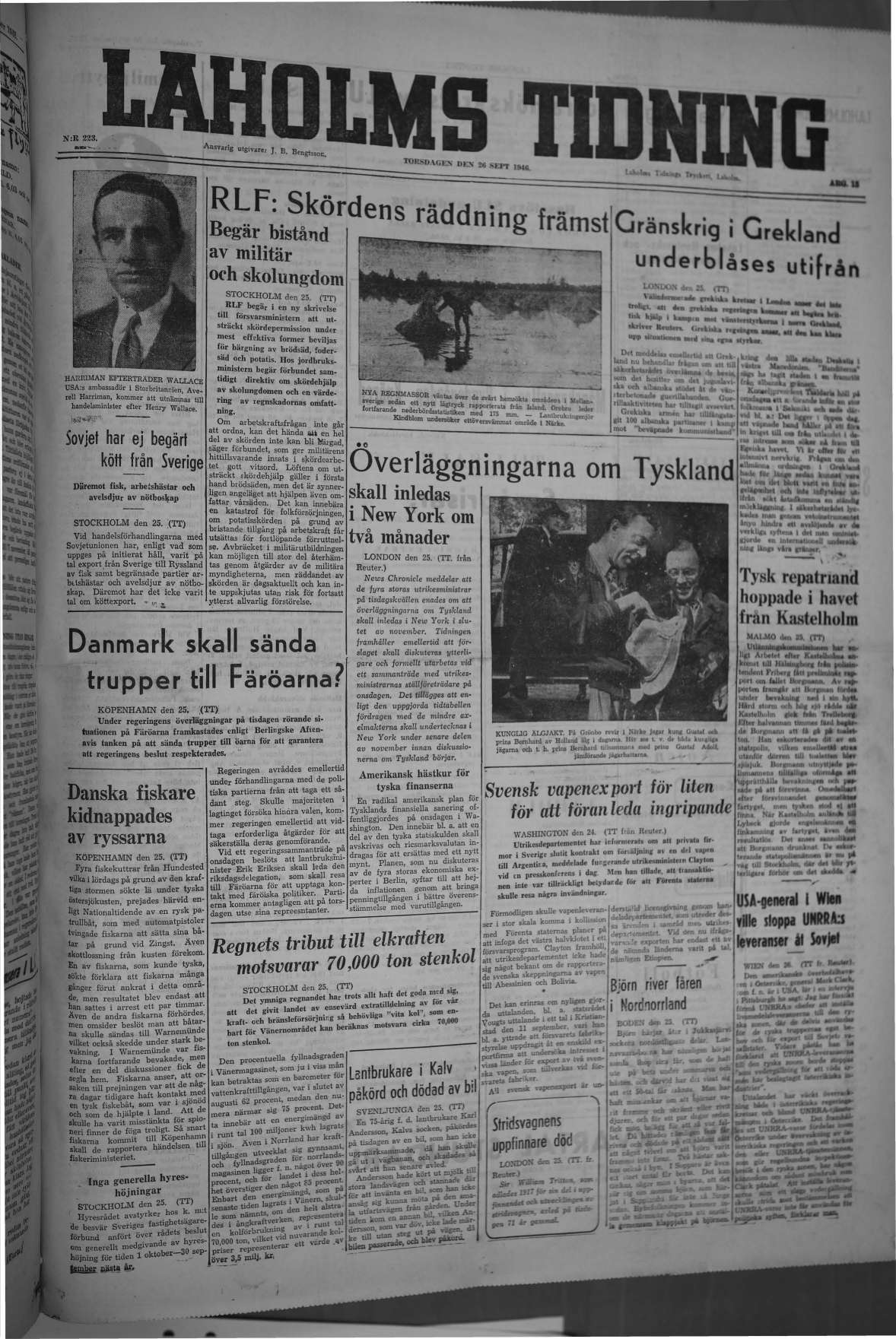 Laholms Tidning Torsdag 26 september 1946, sida 1