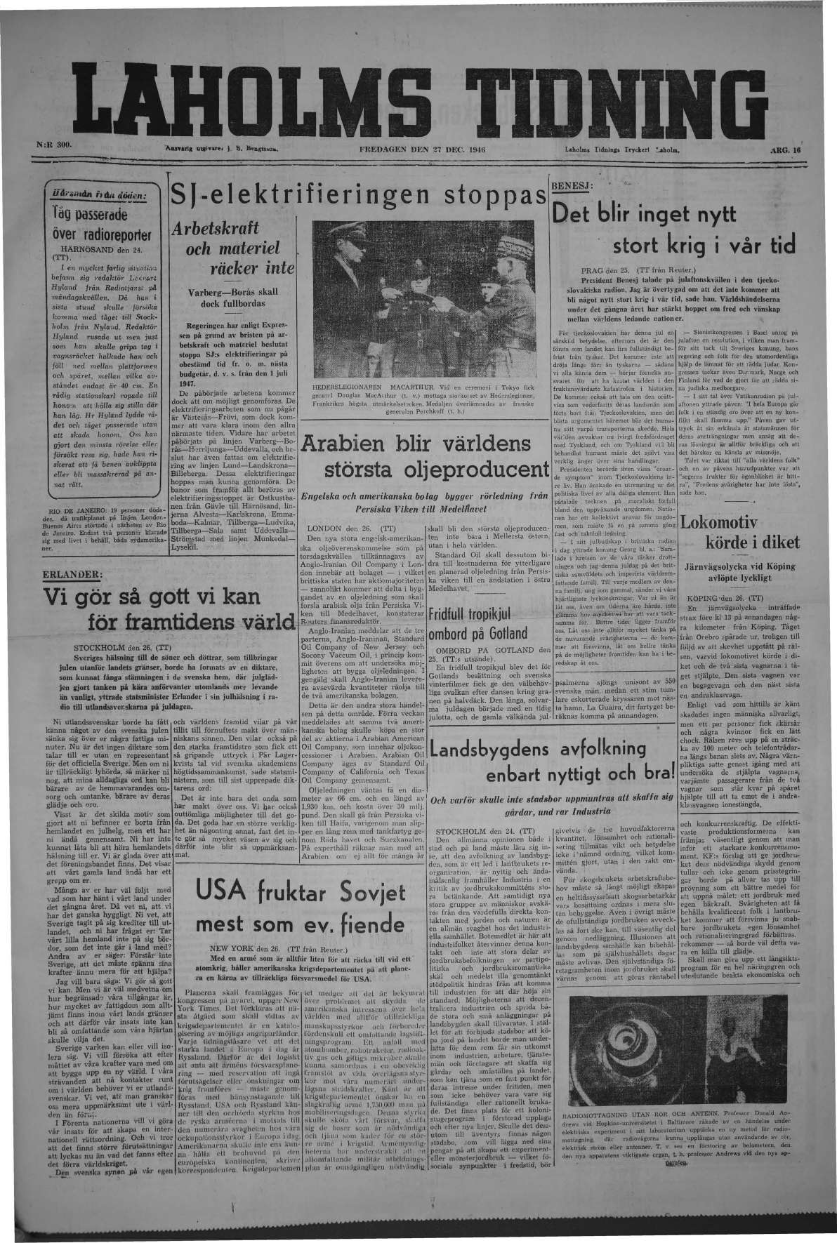Laholms Tidning Fredag 27 december 1946, sida 1