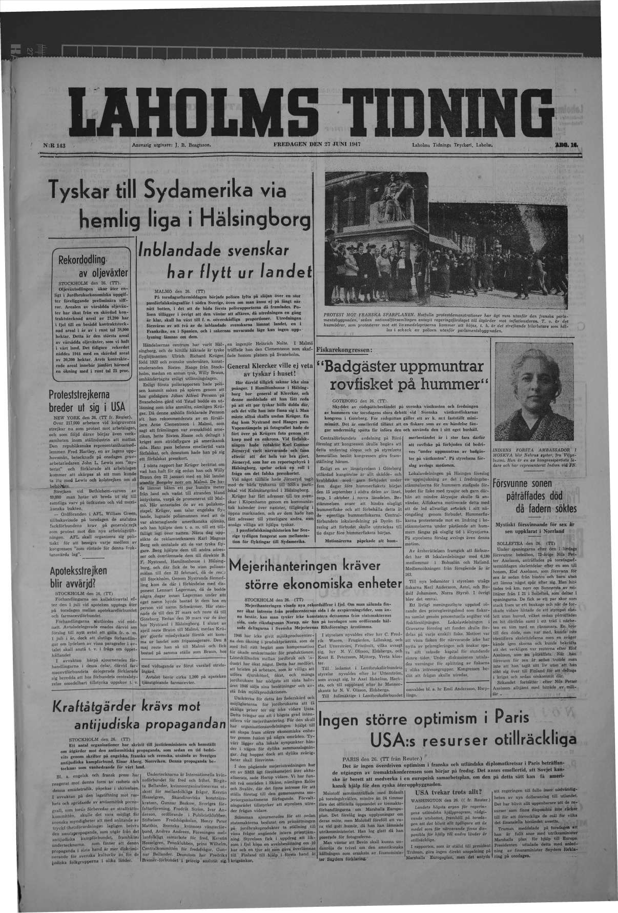 Laholms Tidning Fredag 27 juni 1947, sida 1