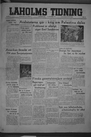 Förstasidan, Lördag 27 september 1947