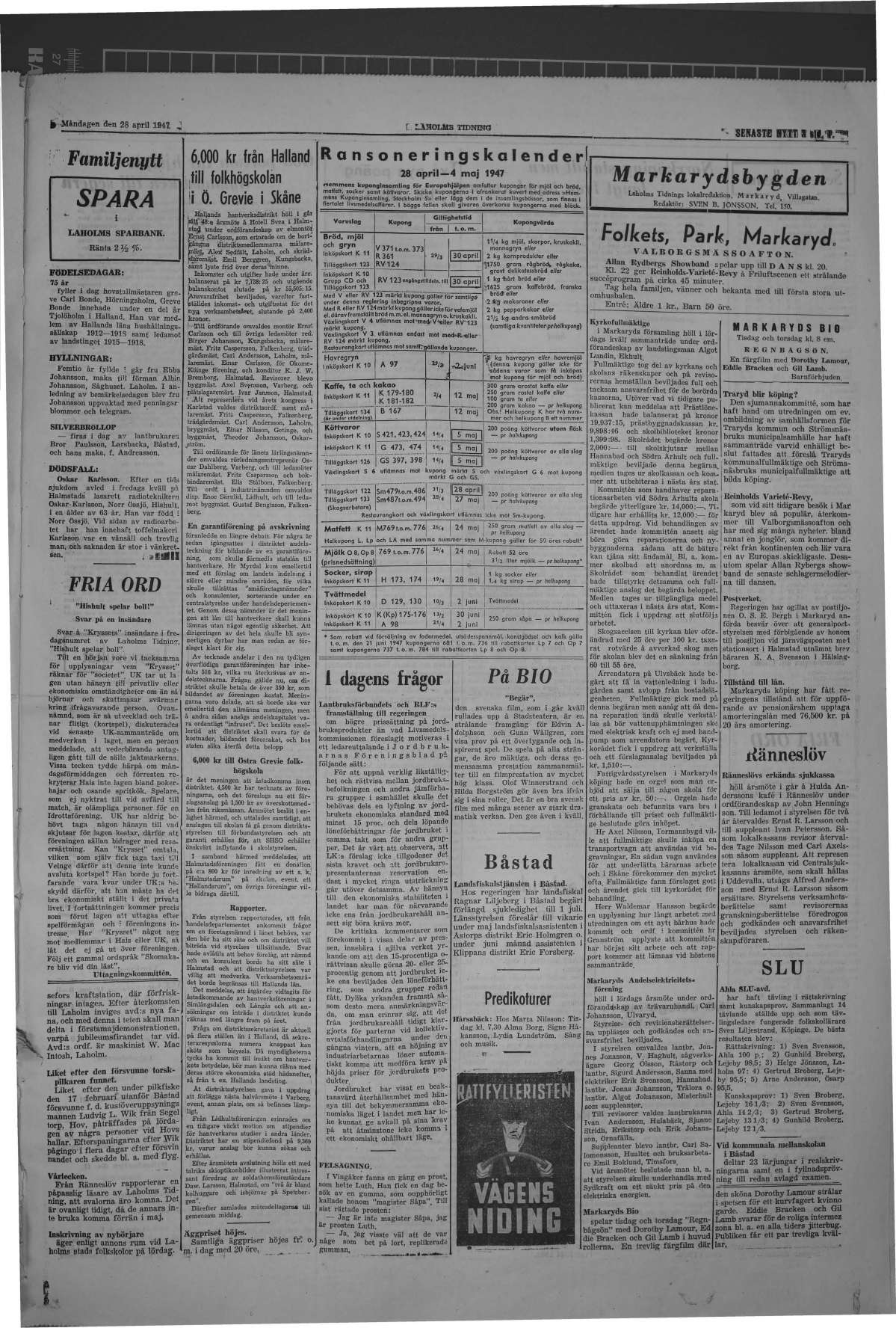 Laholms Tidning Måndag 28 april 1947, sida 3