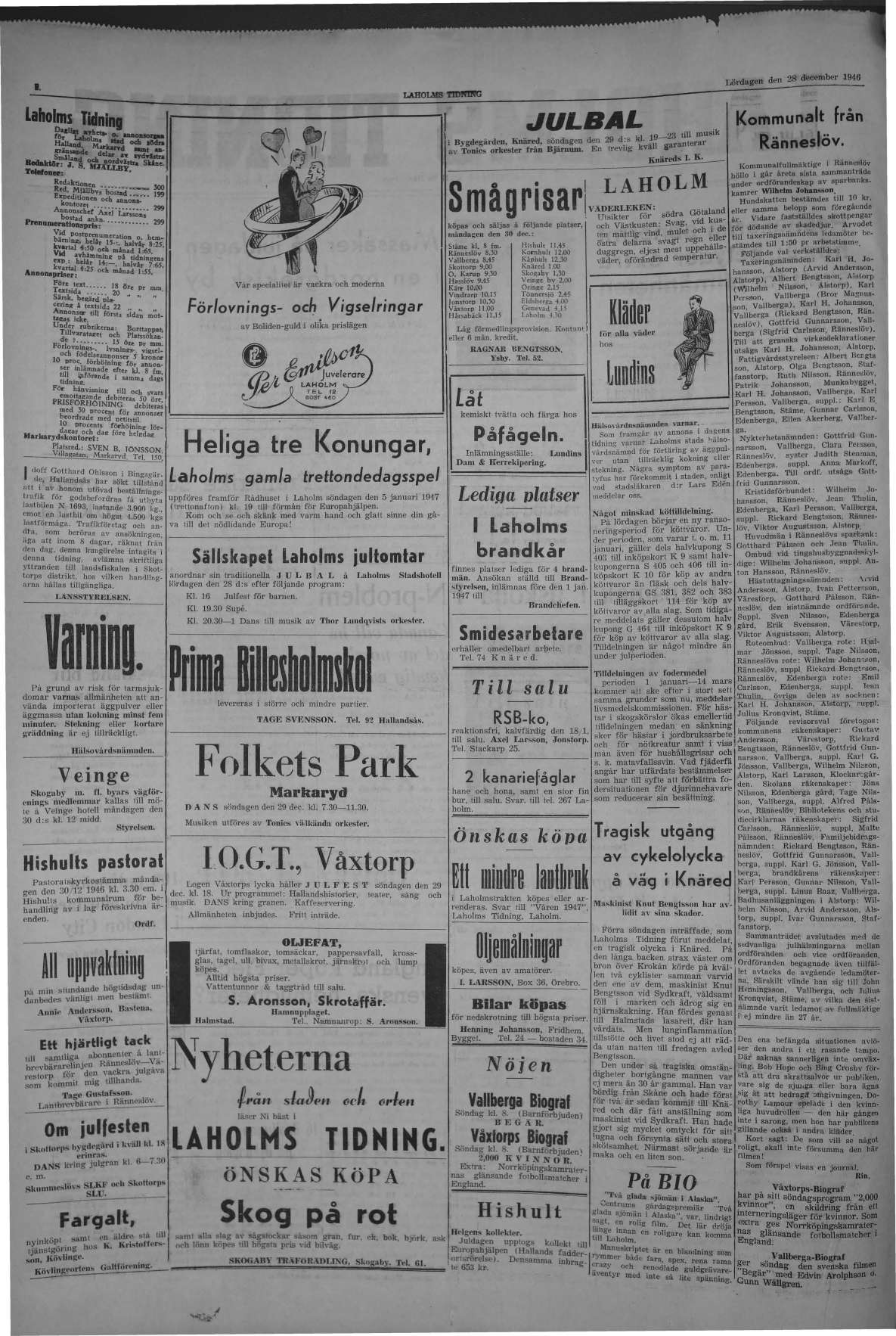 Laholms Tidning Lördag 28 december 1946, sida 2