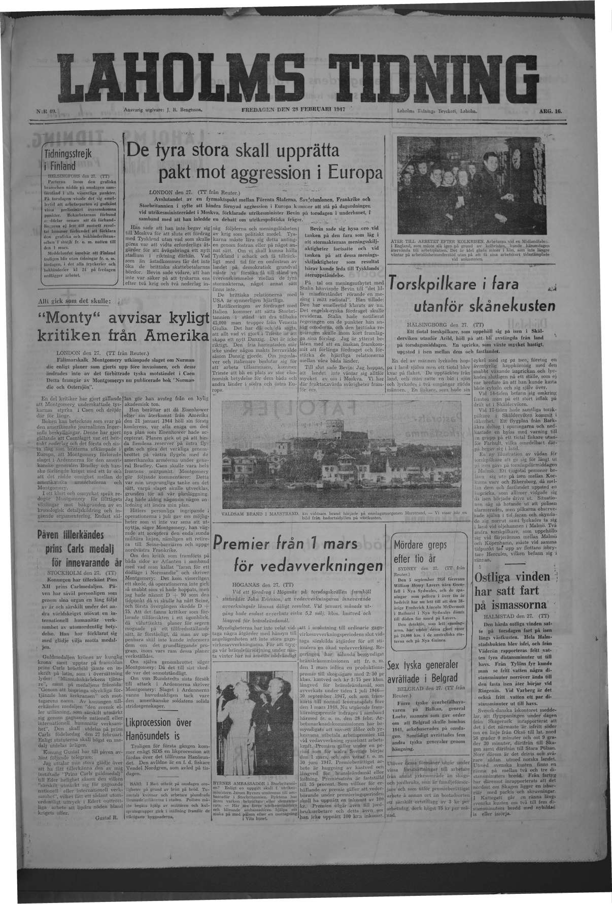 Laholms Tidning Fredag 28 februari 1947, sida 1