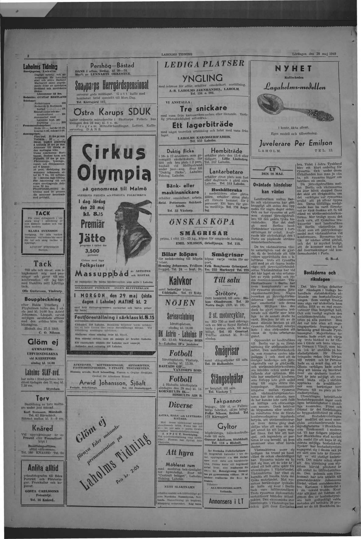 Laholms Tidning Lördag 28 maj 1949, sida 2