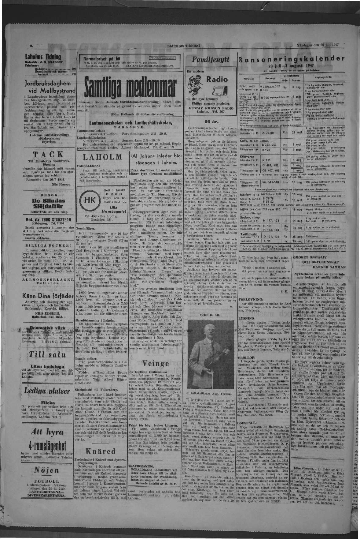 Laholms Tidning Måndag 28 juli 1947, sida 2