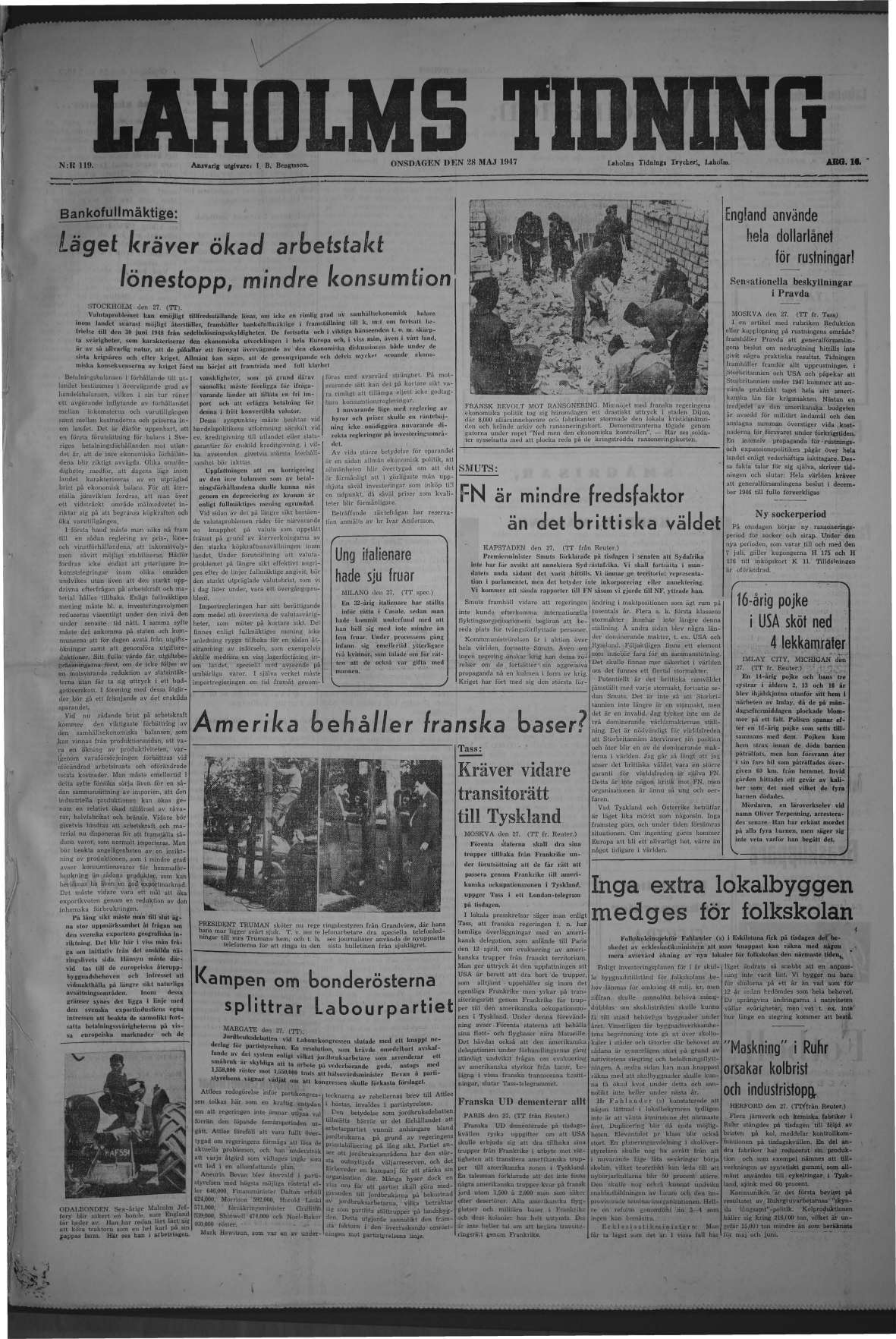 Laholms Tidning Onsdag 28 maj 1947, sida 1