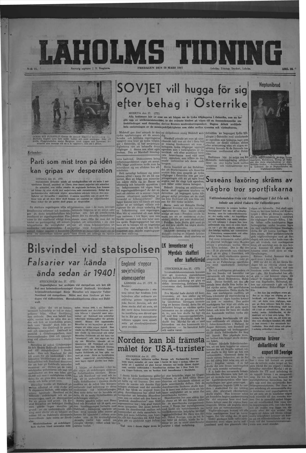 Laholms Tidning Fredag 28 mars 1947, sida 1