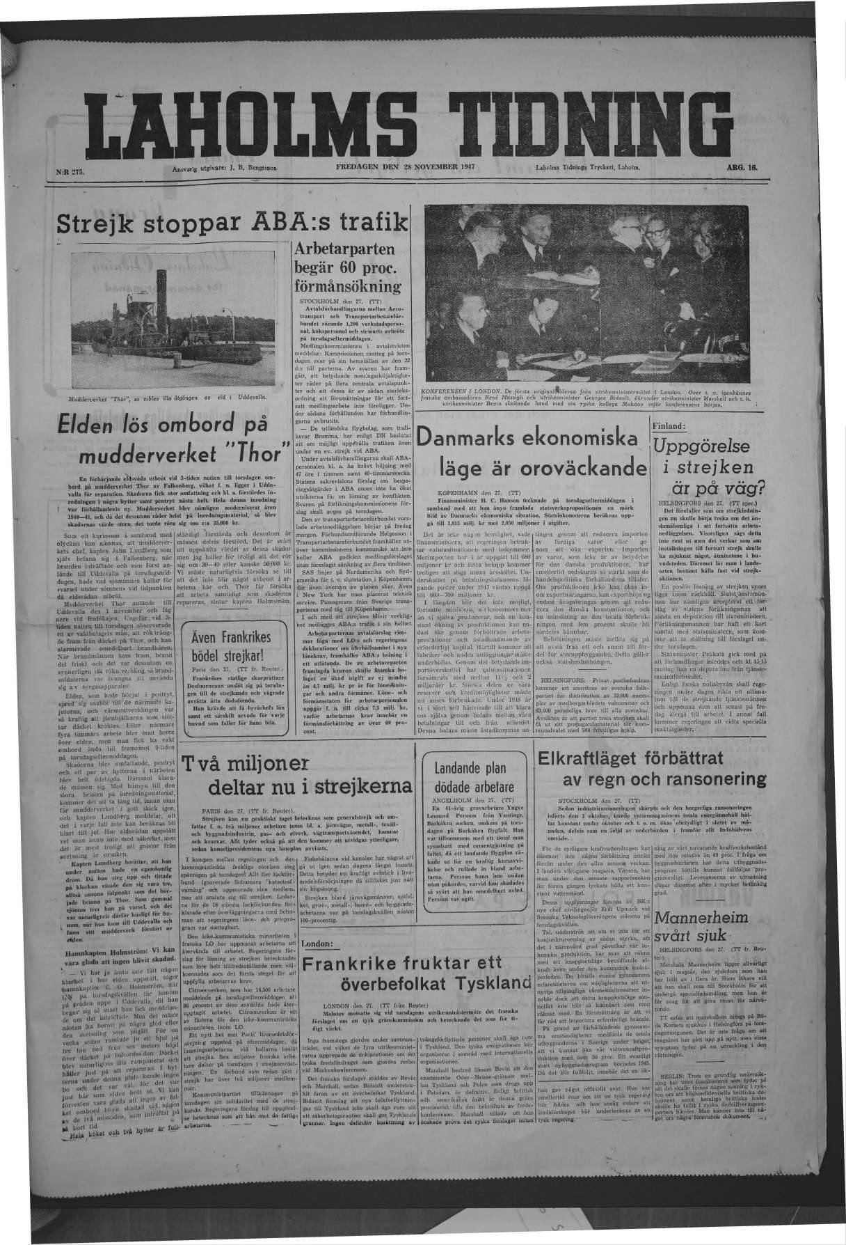 Laholms Tidning Fredag 28 november 1947, sida 1