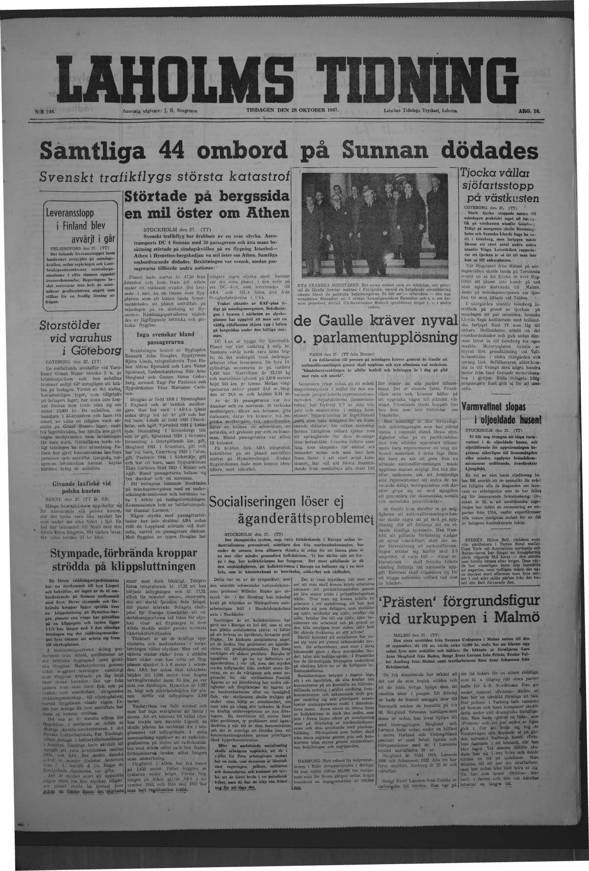 Laholms Tidning Tisdag 28 oktober 1947, sida 1