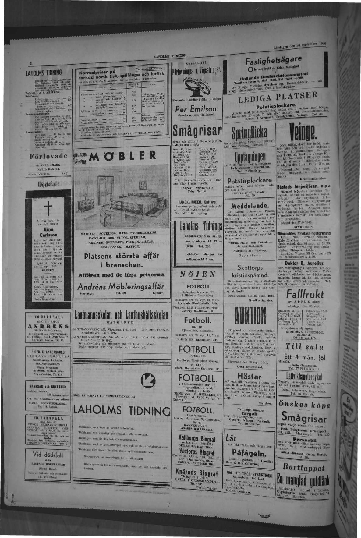 Laholms Tidning Lördag 28 september 1946, sida 2