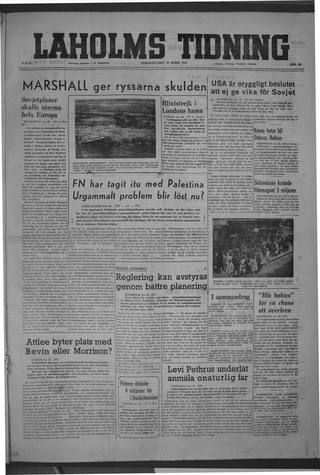 Förstasidan, Tisdag 29 april 1947