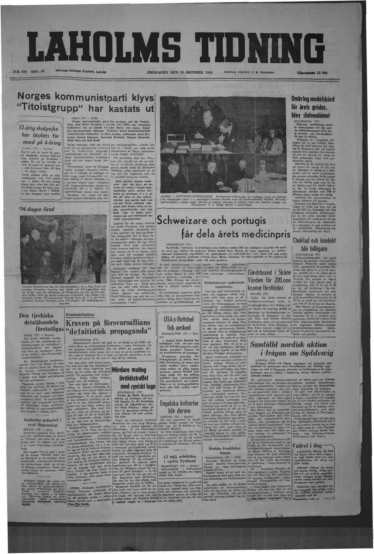 Laholms Tidning Fredag 28 oktober 1949, sida 1