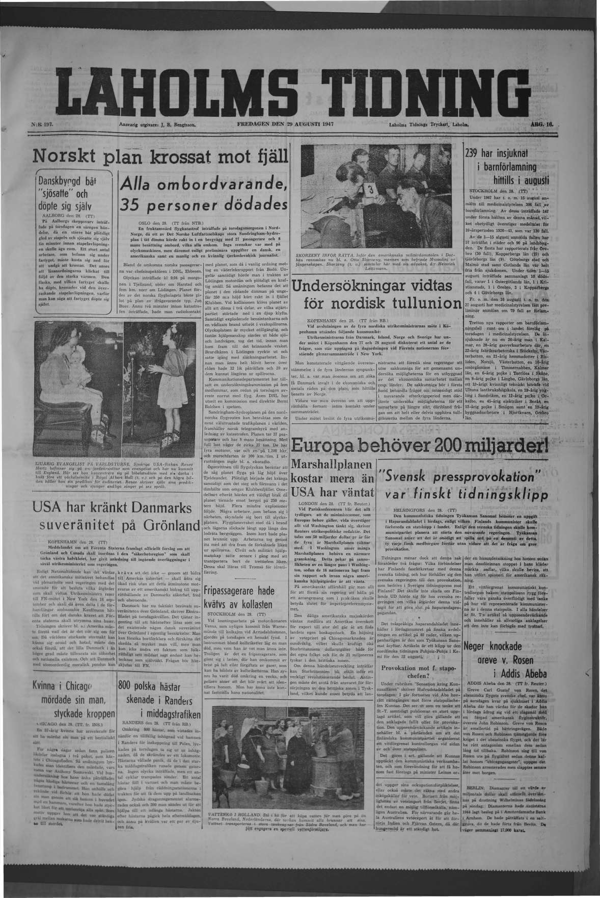 Laholms Tidning Fredag 29 augusti 1947, sida 1