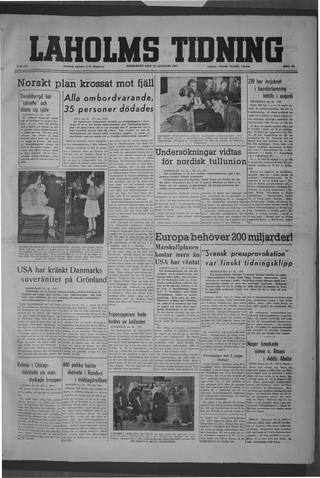 Förstasidan, Fredag 29 augusti 1947