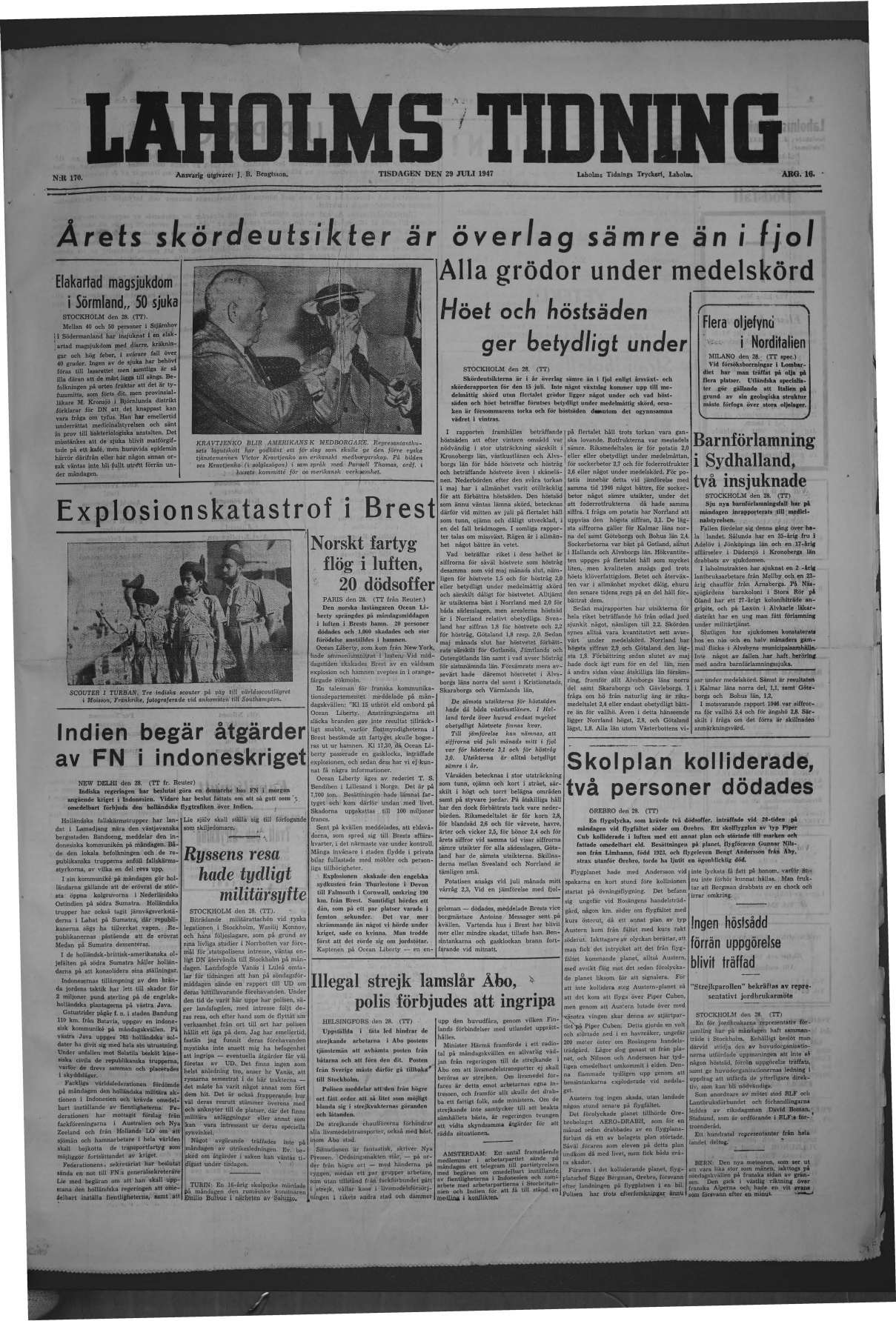Laholms Tidning Tisdag 29 juli 1947, sida 1