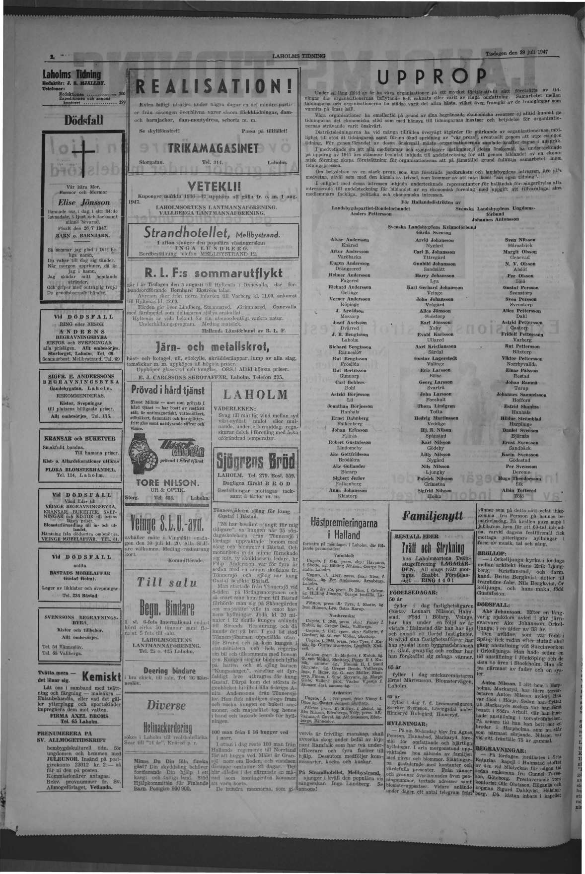 Laholms Tidning Tisdag 29 juli 1947, sida 2