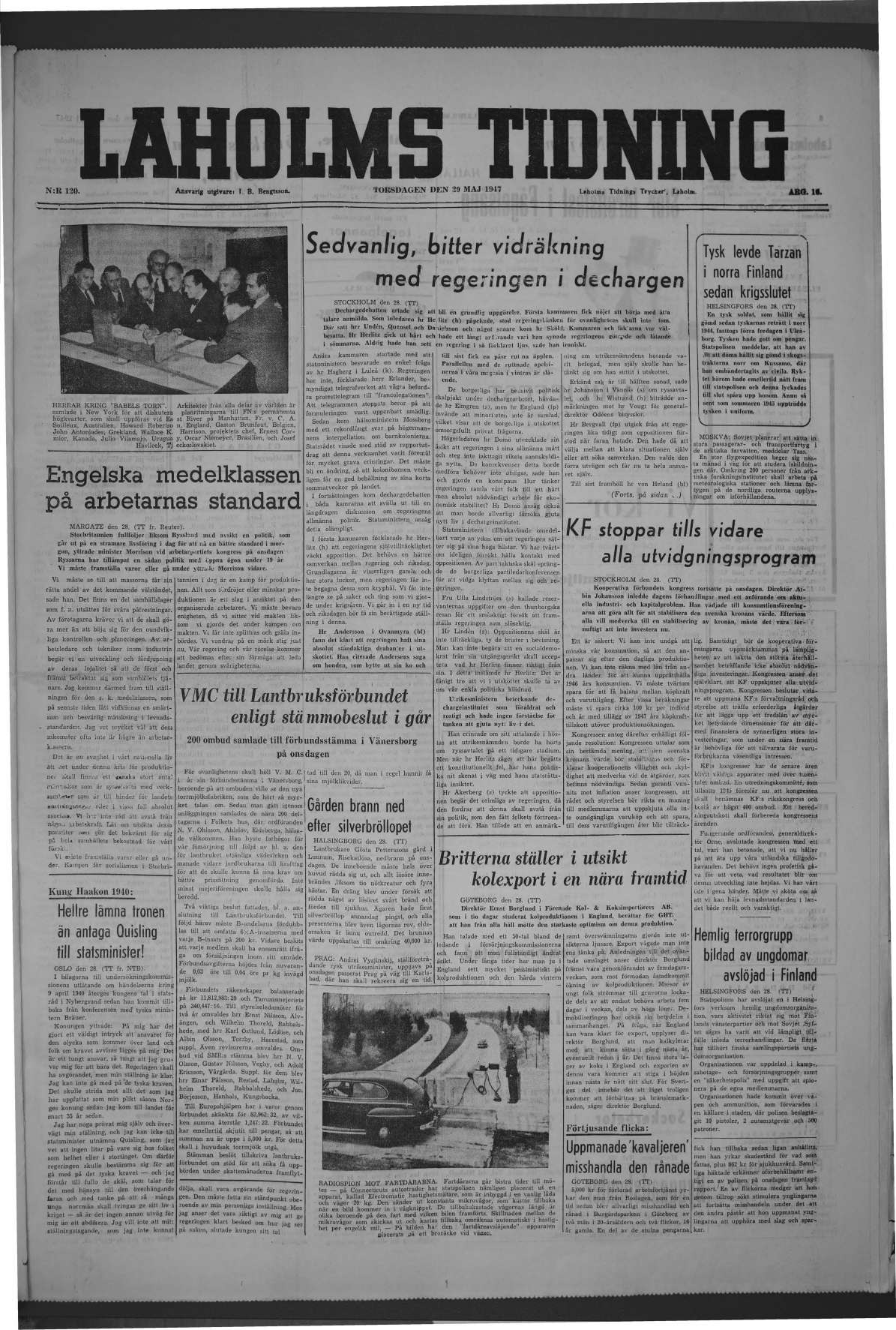Laholms Tidning Torsdag 29 maj 1947, sida 1
