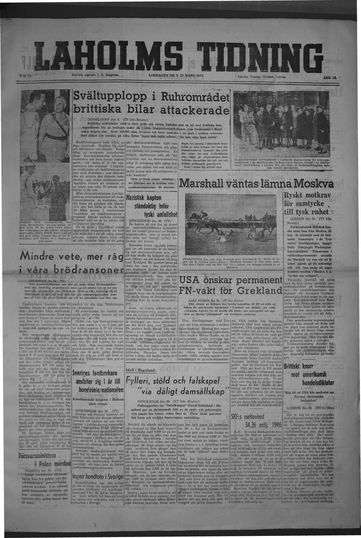 Laholms Tidning Lördag 29 mars 1947, sida 1