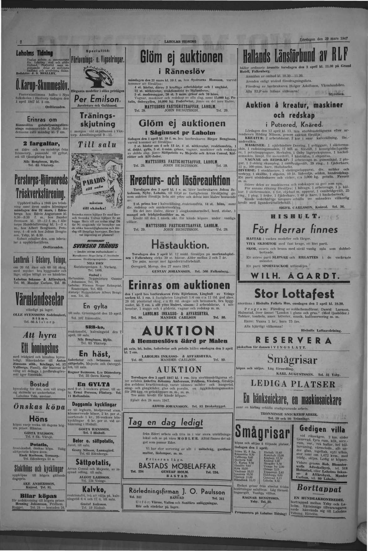 Laholms Tidning Lördag 29 mars 1947, sida 2