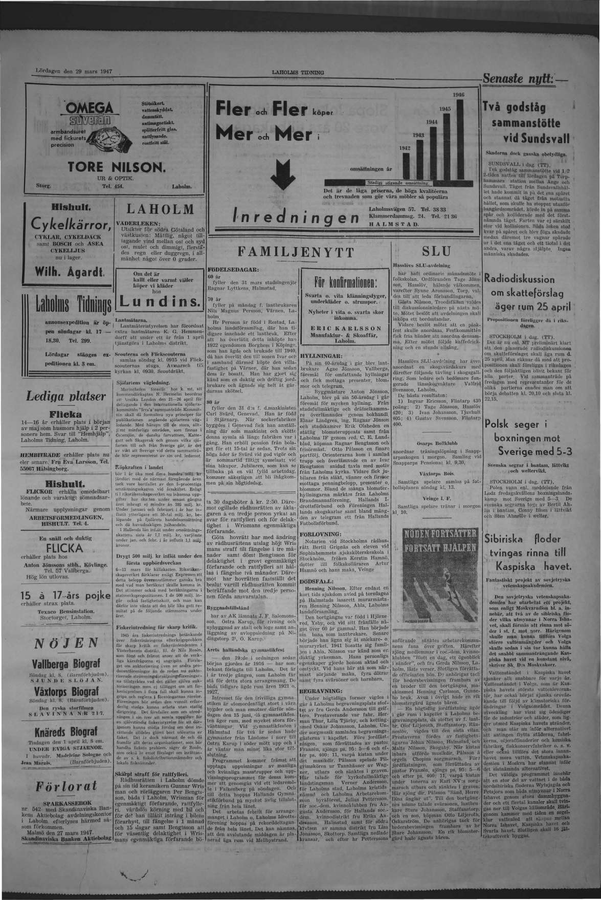 Laholms Tidning Lördag 29 mars 1947, sida 3