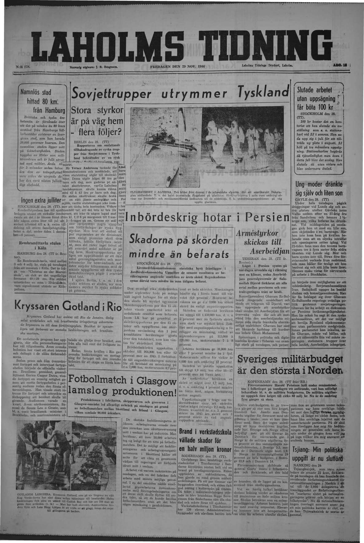 Laholms Tidning Fredag 29 november 1946, sida 1
