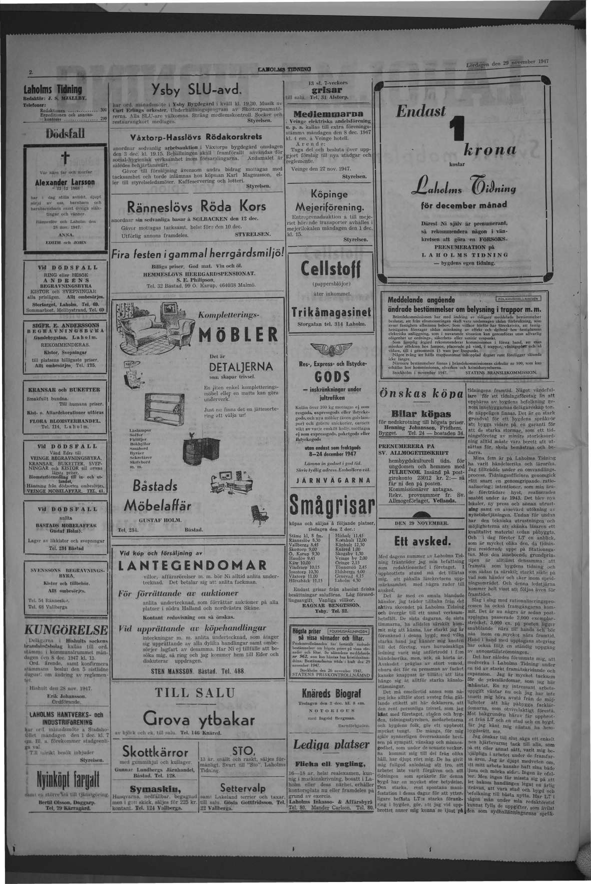 Laholms Tidning Lördag 29 november 1947, sida 2