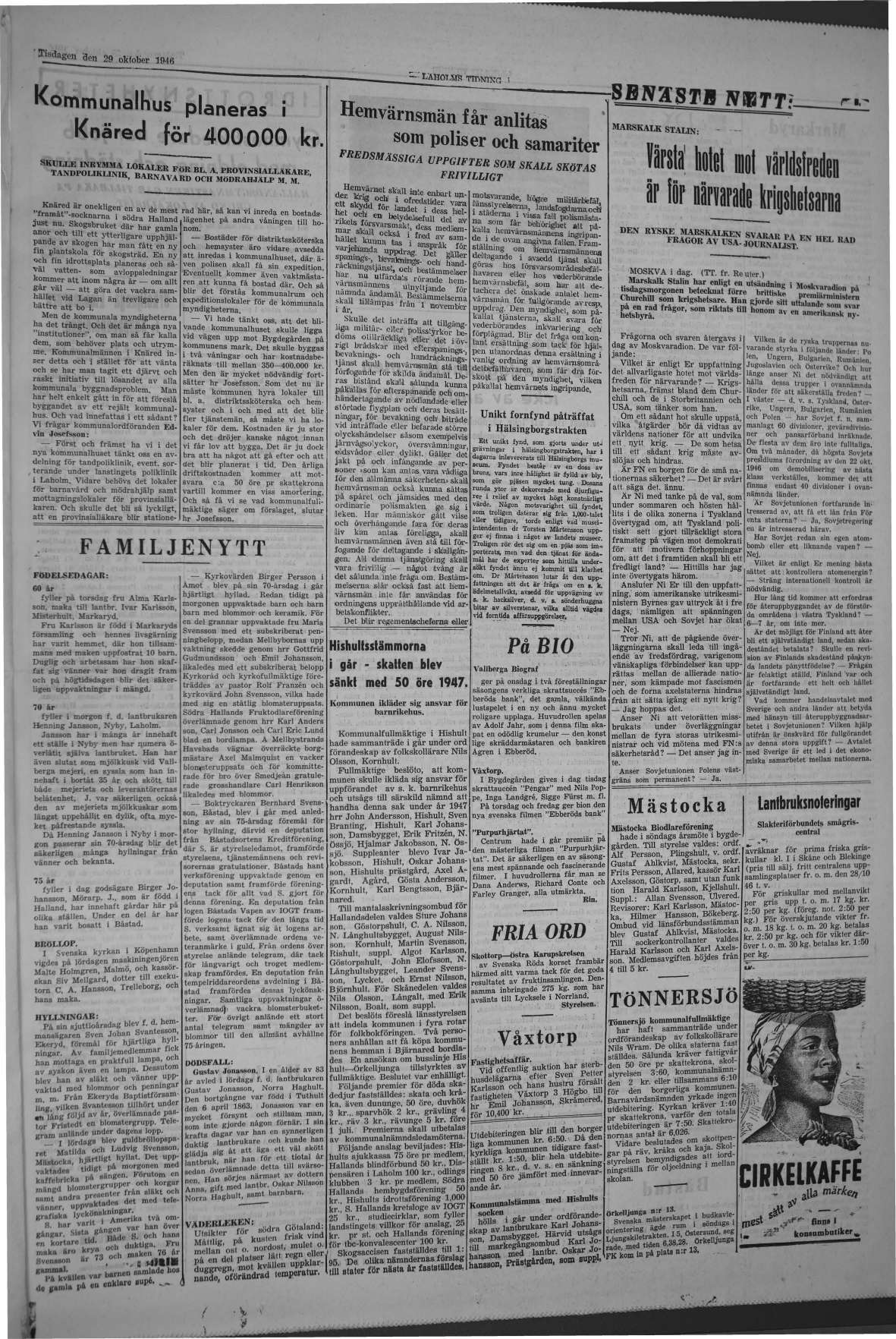 Laholms Tidning Tisdag 29 oktober 1946, sida 3