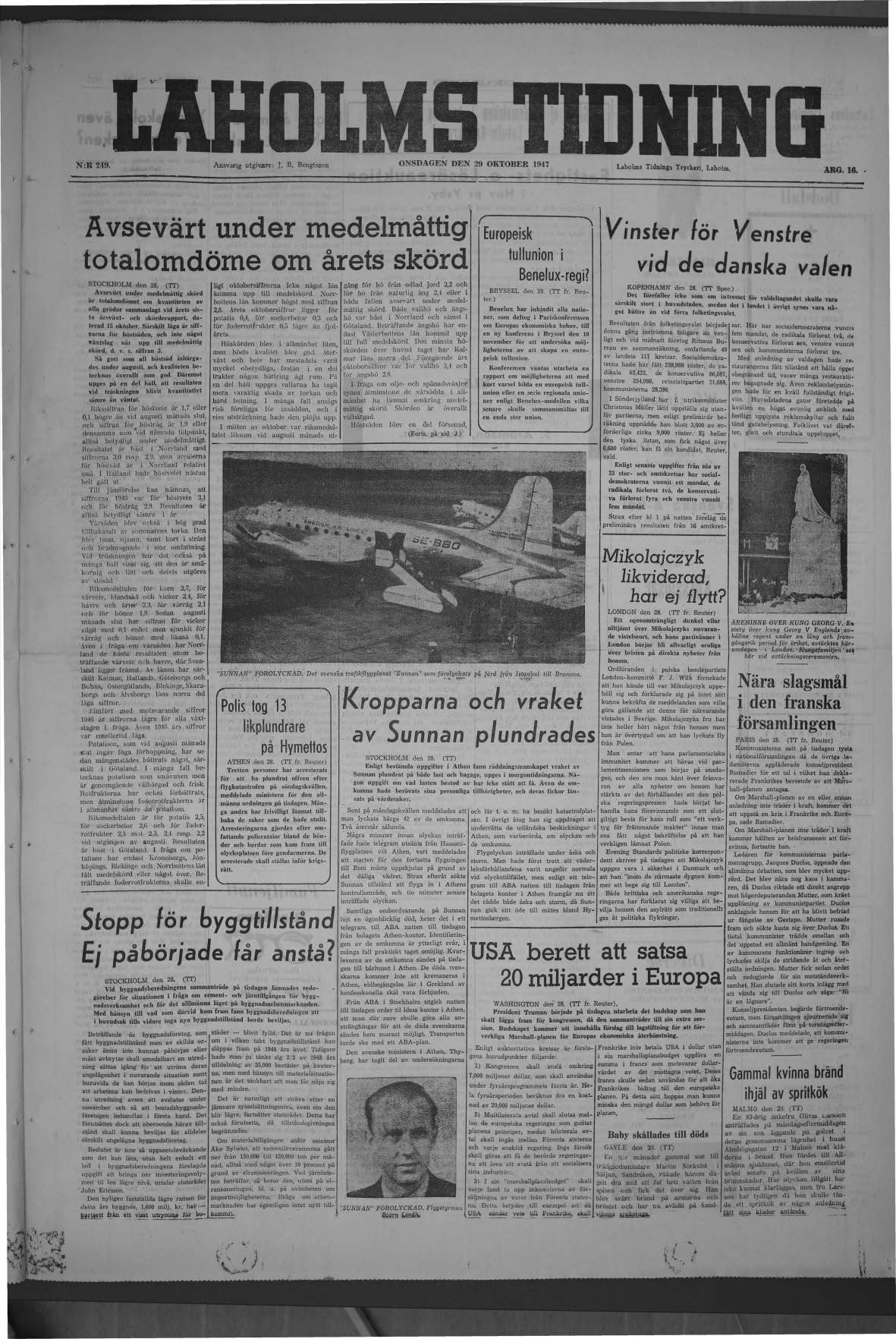 Laholms Tidning Onsdag 29 oktober 1947, sida 1