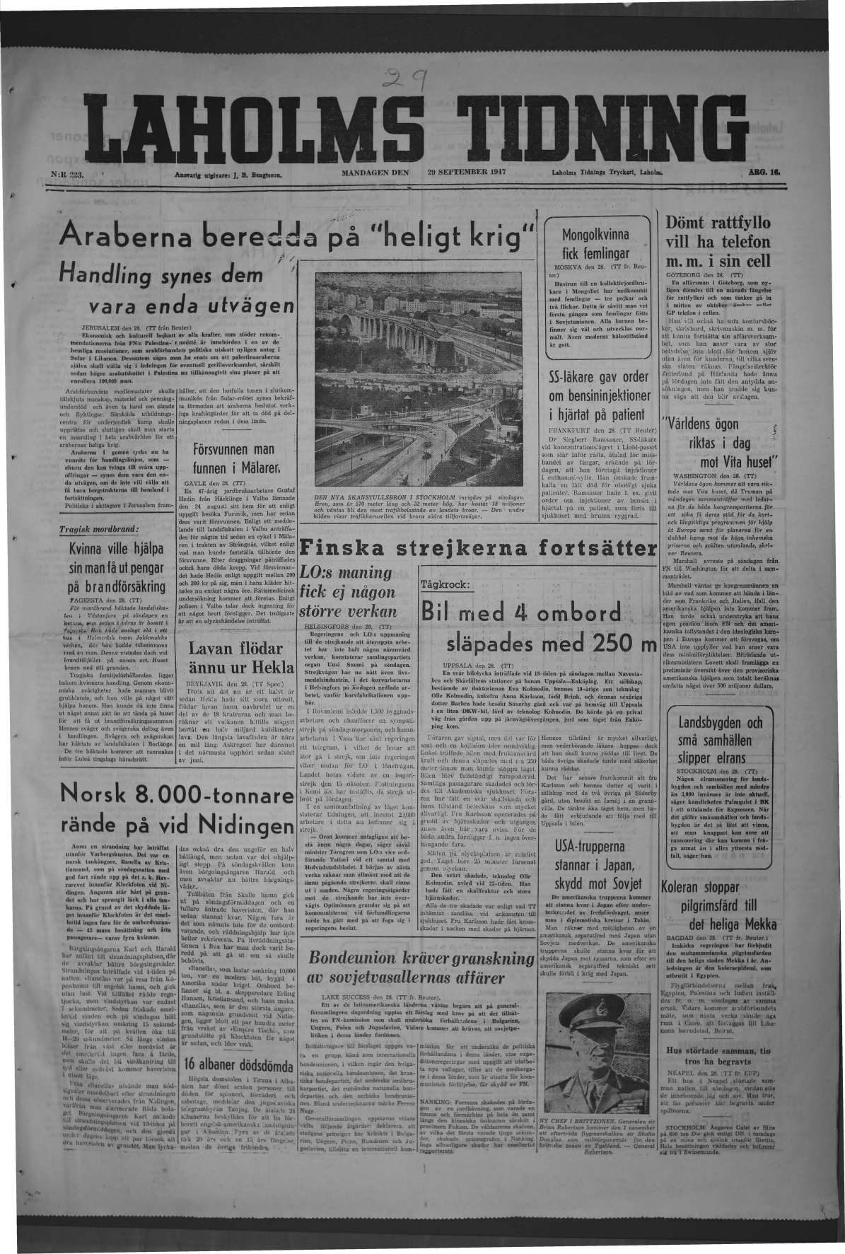 Laholms Tidning Måndag 29 september 1947, sida 1