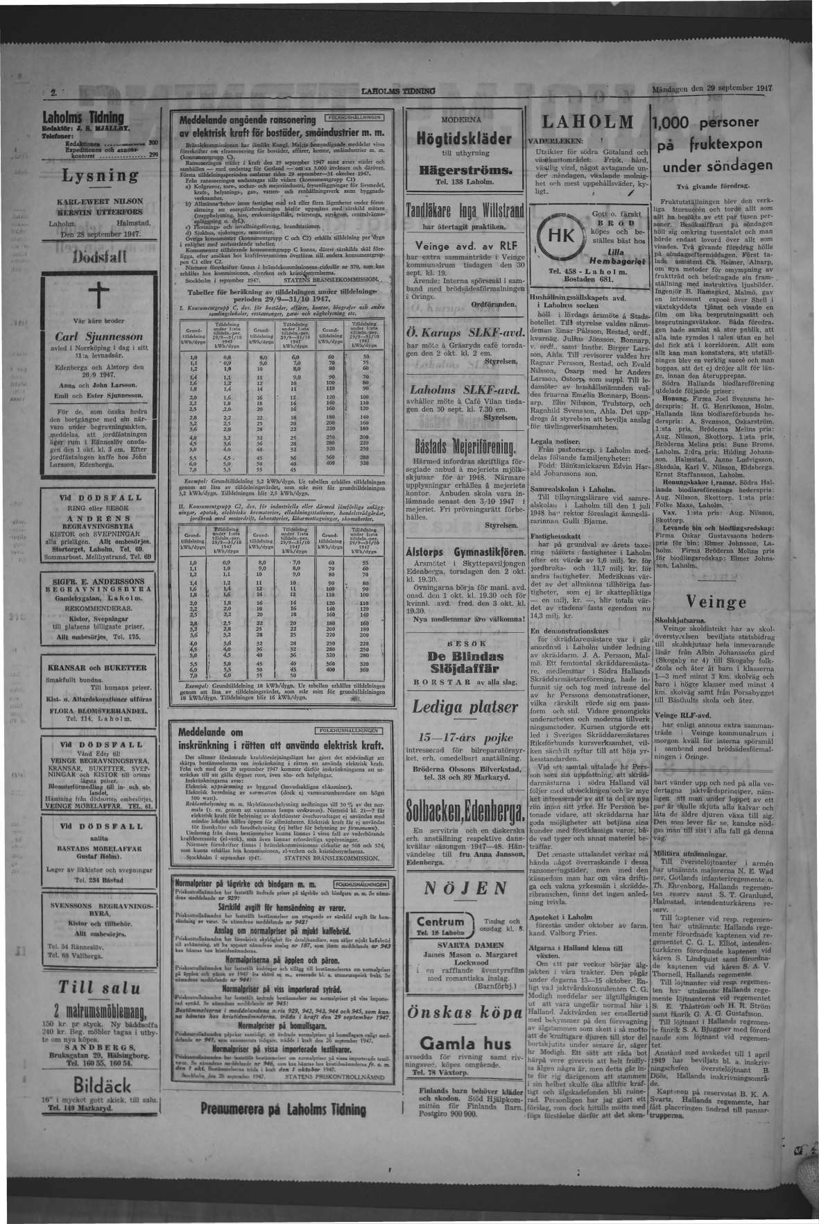 Laholms Tidning Måndag 29 september 1947, sida 2