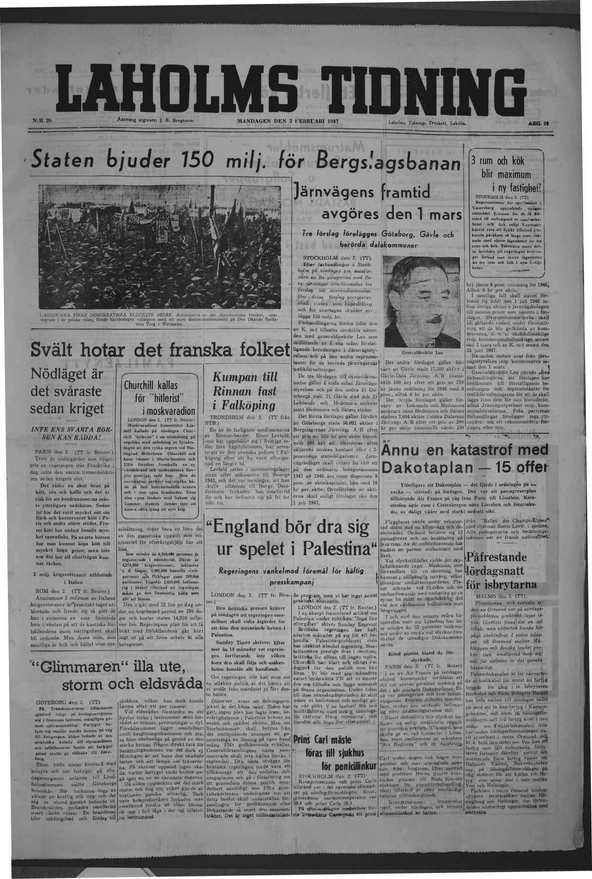 Laholms Tidning Måndag 3 februari 1947, sida 1