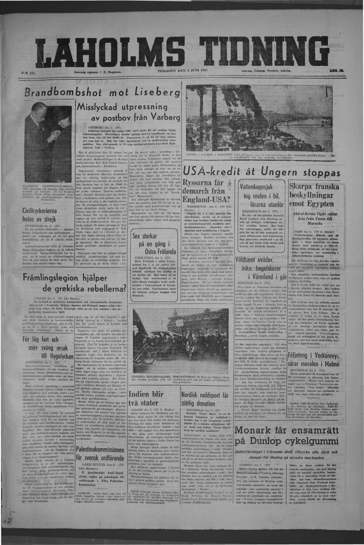 Laholms Tidning Tisdag 3 juni 1947, sida 1