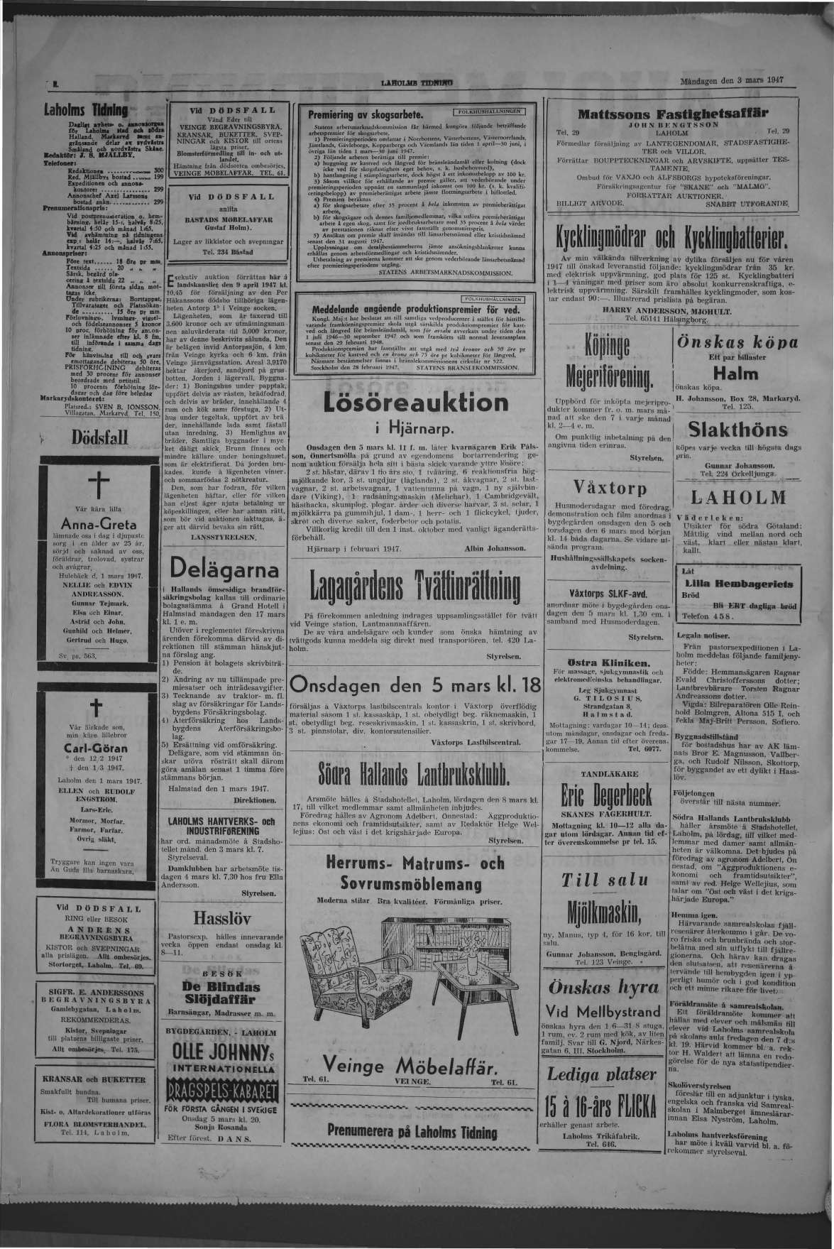 Laholms Tidning Måndag 3 mars 1947, sida 3