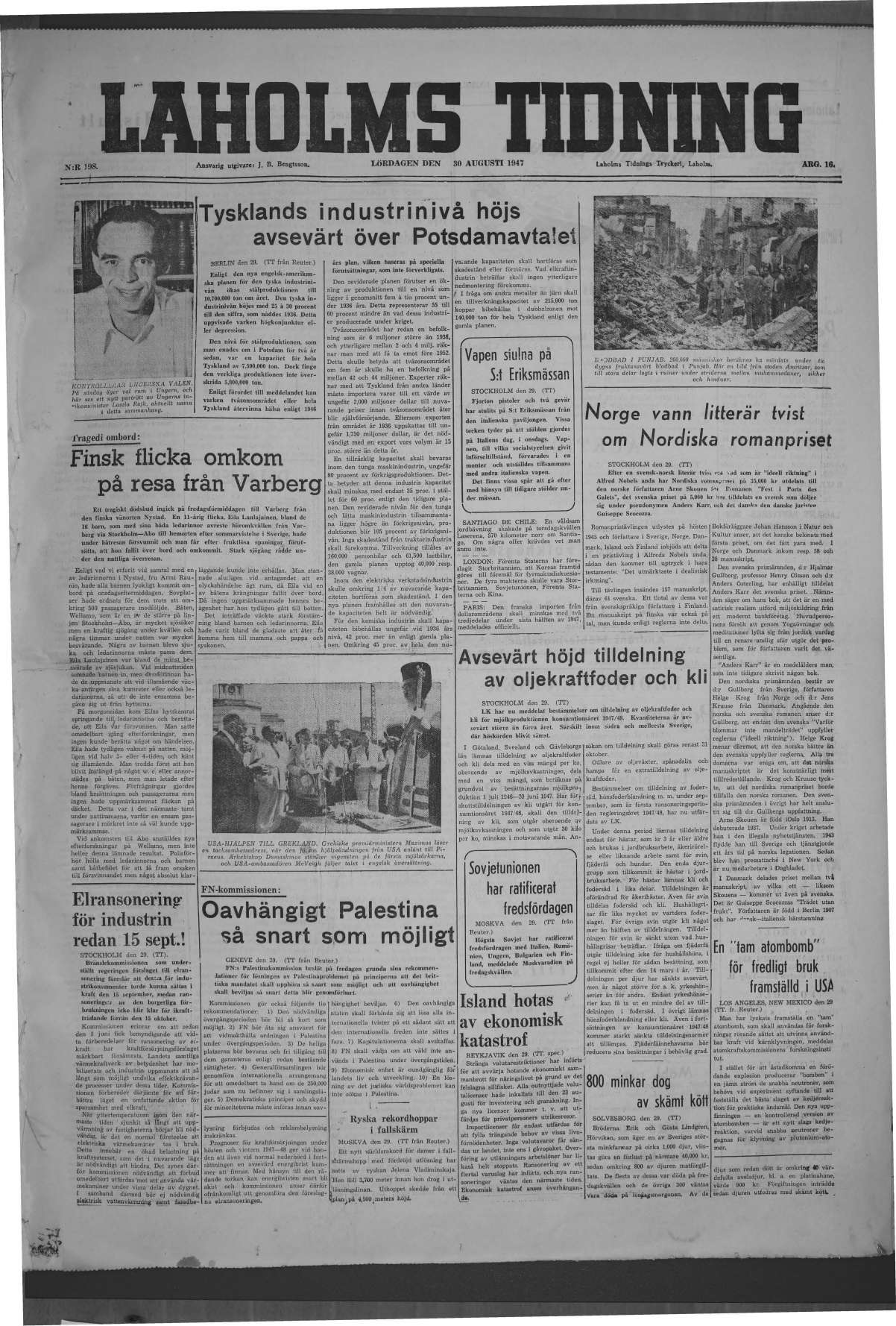 Laholms Tidning Lördag 30 augusti 1947, sida 1