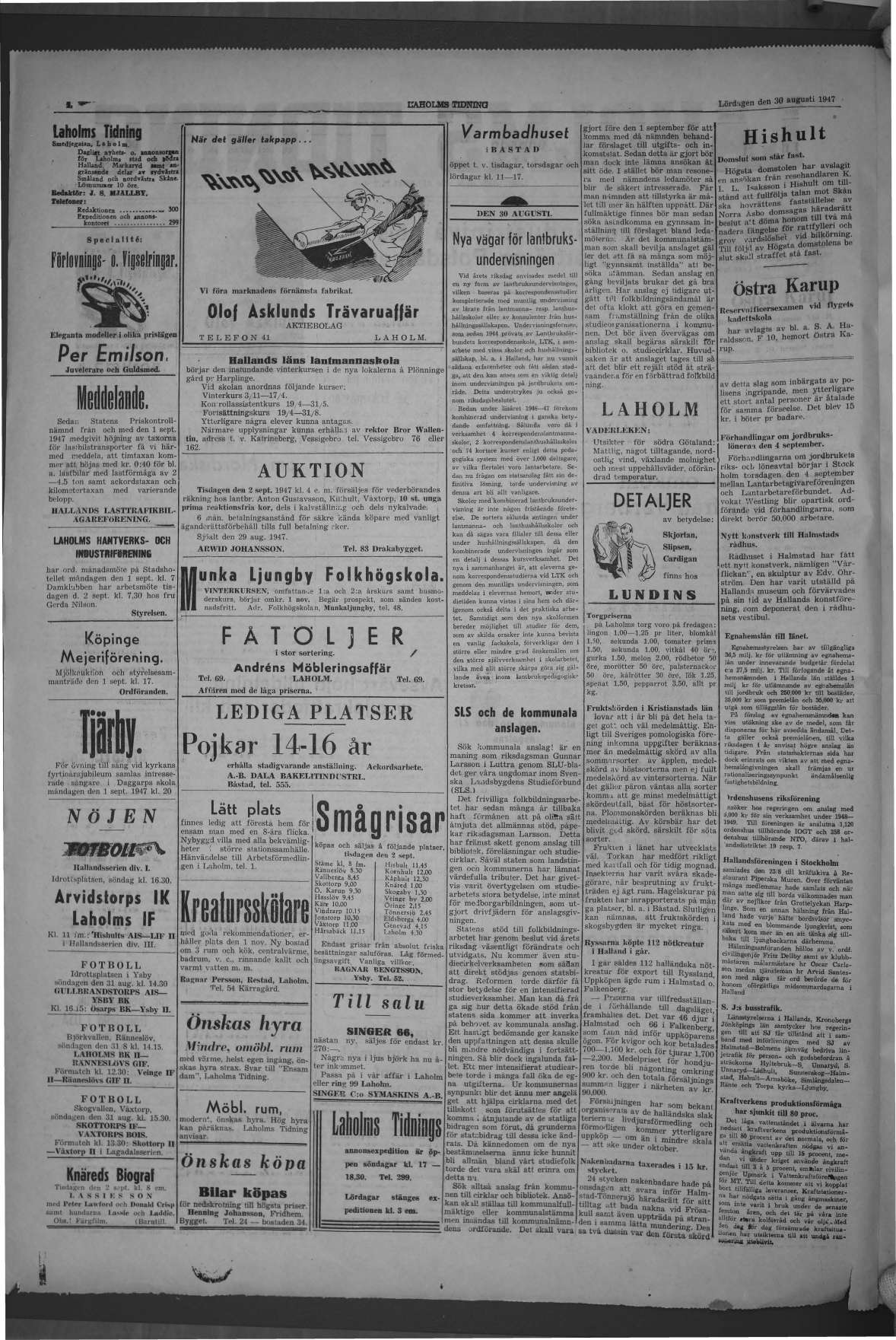 Laholms Tidning Lördag 30 augusti 1947, sida 2